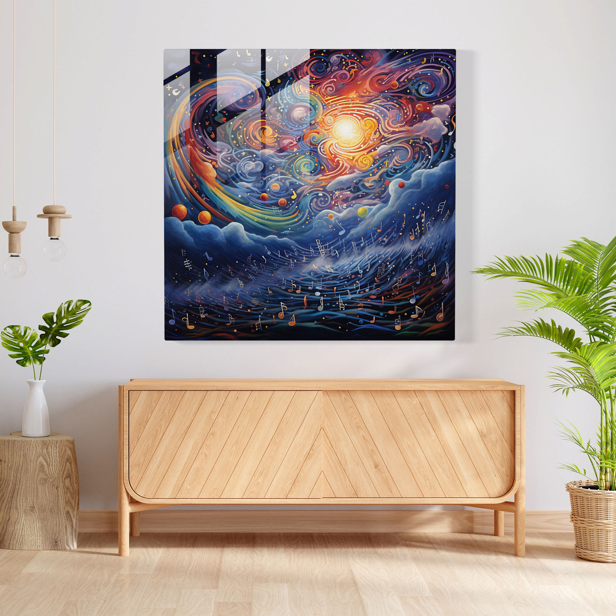 Symphonic Stardust Glass Print - Vibrant Musical Notes Celestial Dreamscape Glass Wall Art Home Decoration