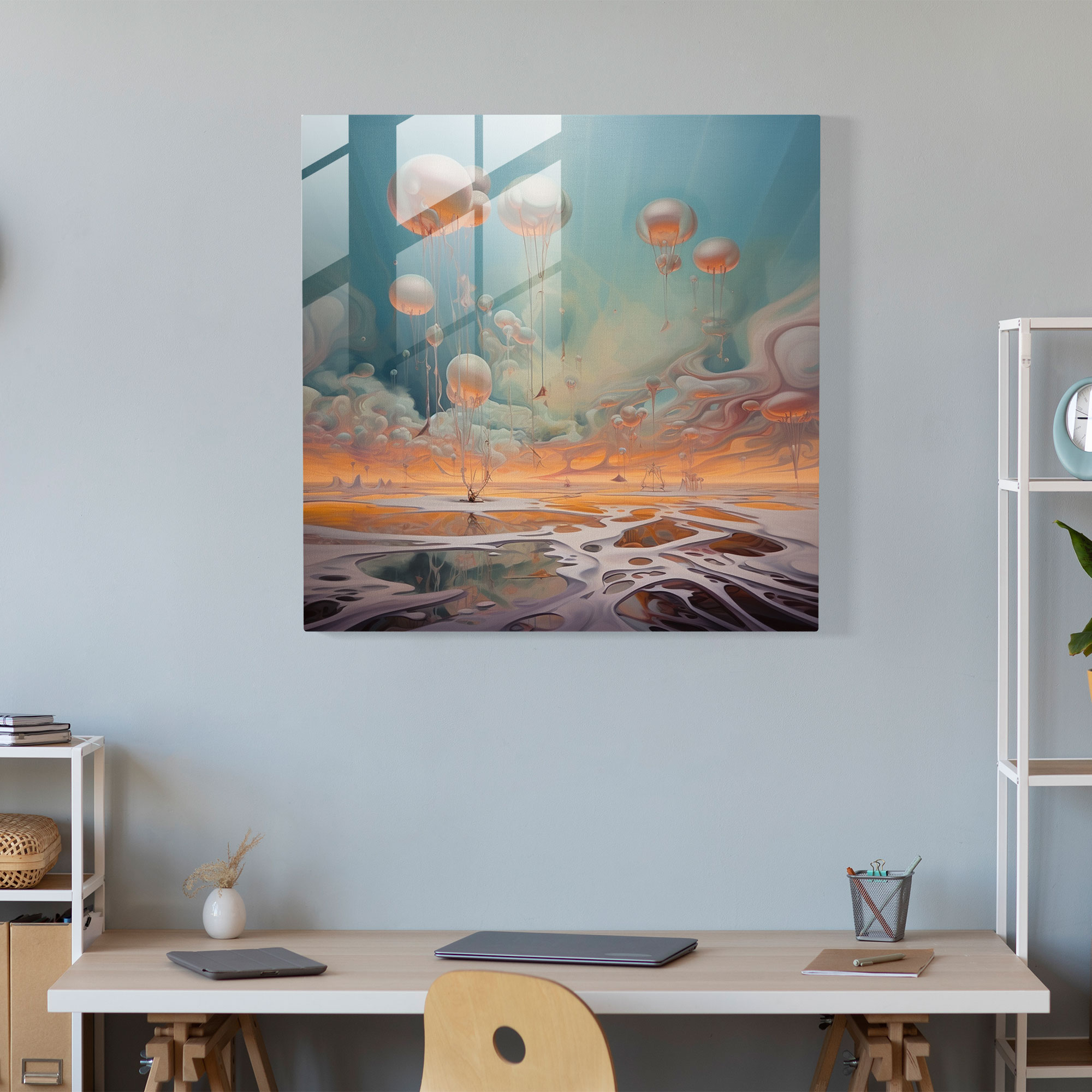 Enchanting Glass Print - Ethereal Dreamscape with Floating Objects - Surrealist Glass Wall Art