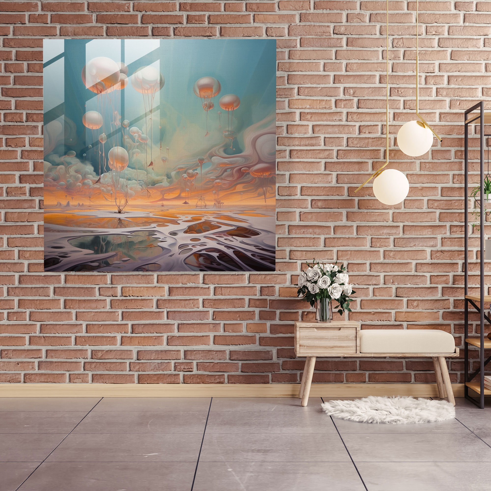 Enchanting Glass Print - Ethereal Dreamscape with Floating Objects - Surrealist Glass Wall Art