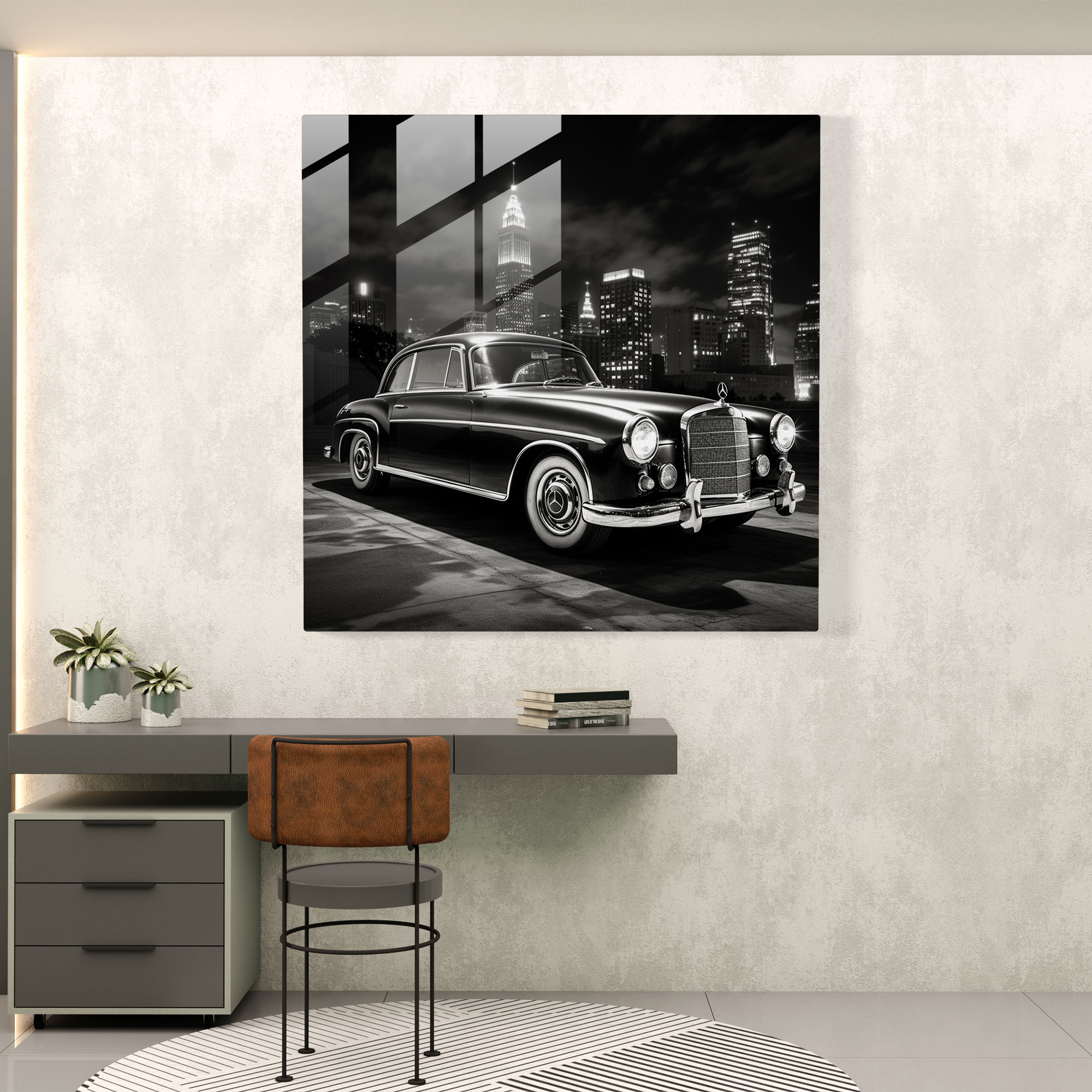 Mercedes Glasbild - Stadtlandschaft im Vintage-Stil - Moderne Kunst zeitlose Eleganz