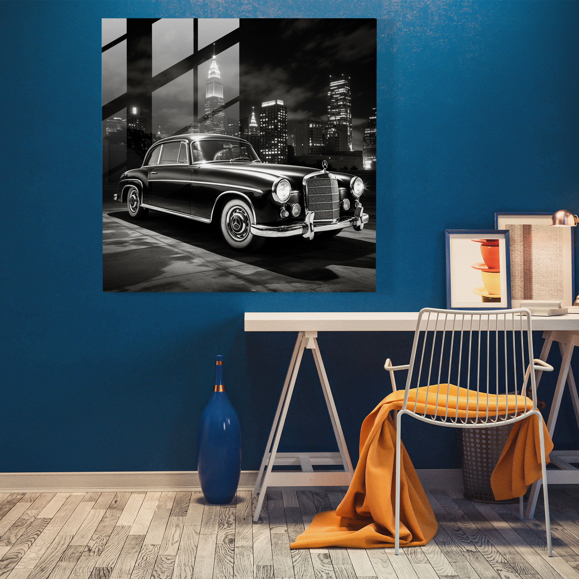 Mercedes Glasbild - Stadtlandschaft im Vintage-Stil - Moderne Kunst zeitlose Eleganz