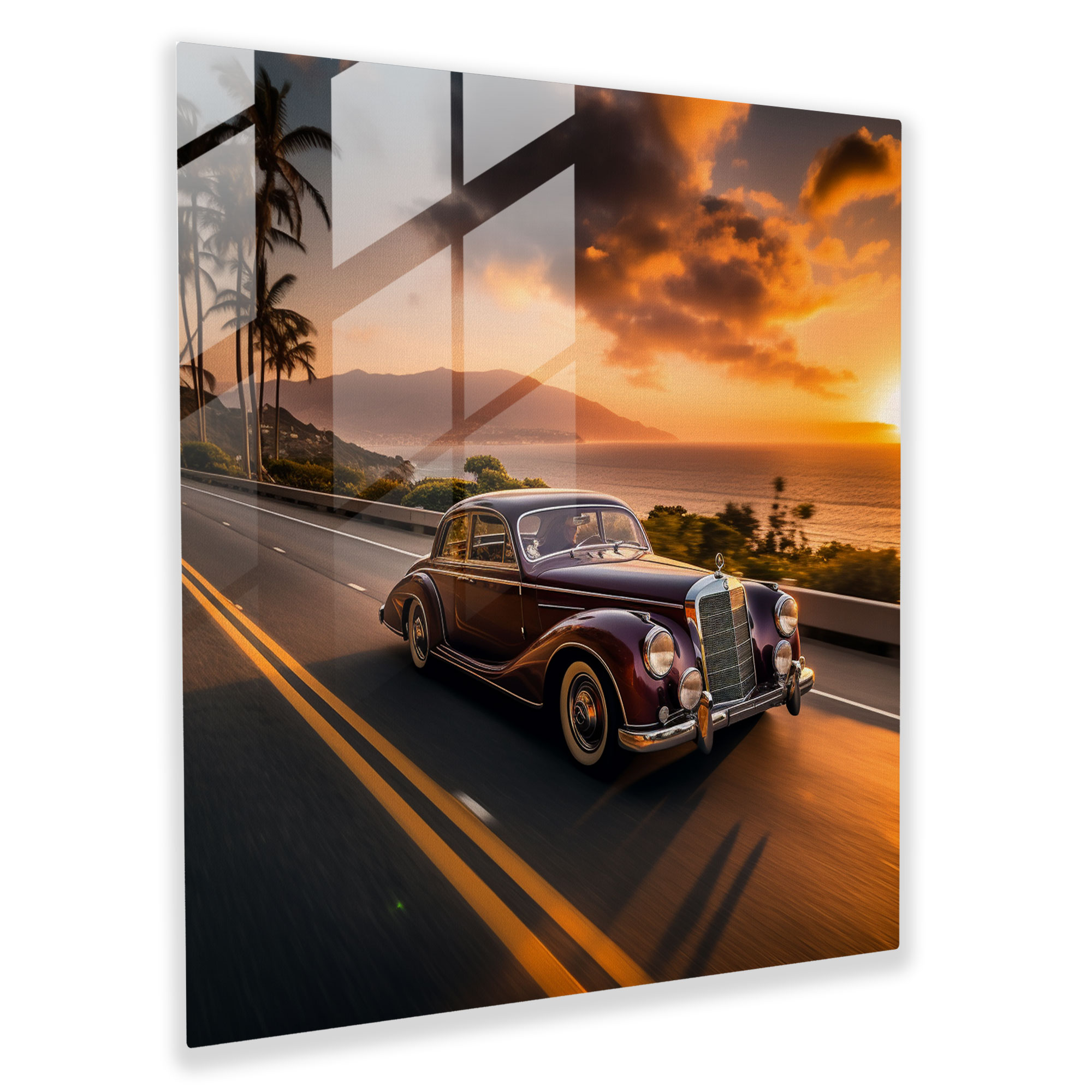 Mercedes Glasbild - Küsten-Sonnenuntergangsfotografie - Moderne Kunst Wohnkultur Gelassenheit