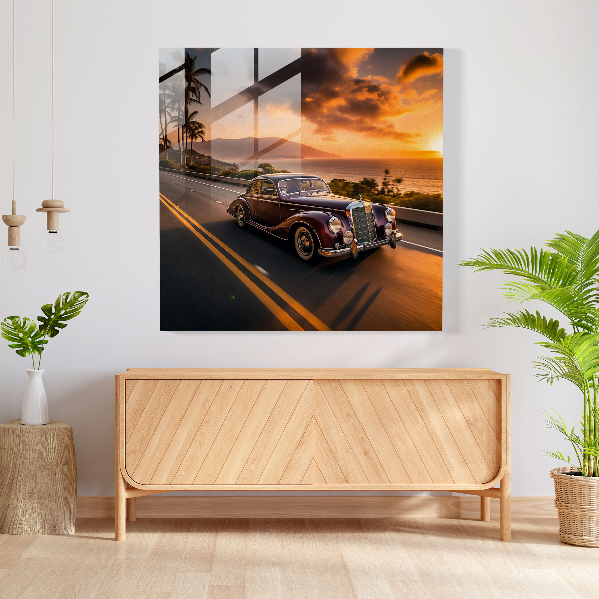 Mercedes Glasbild - Küsten-Sonnenuntergangsfotografie - Moderne Kunst Wohnkultur Gelassenheit