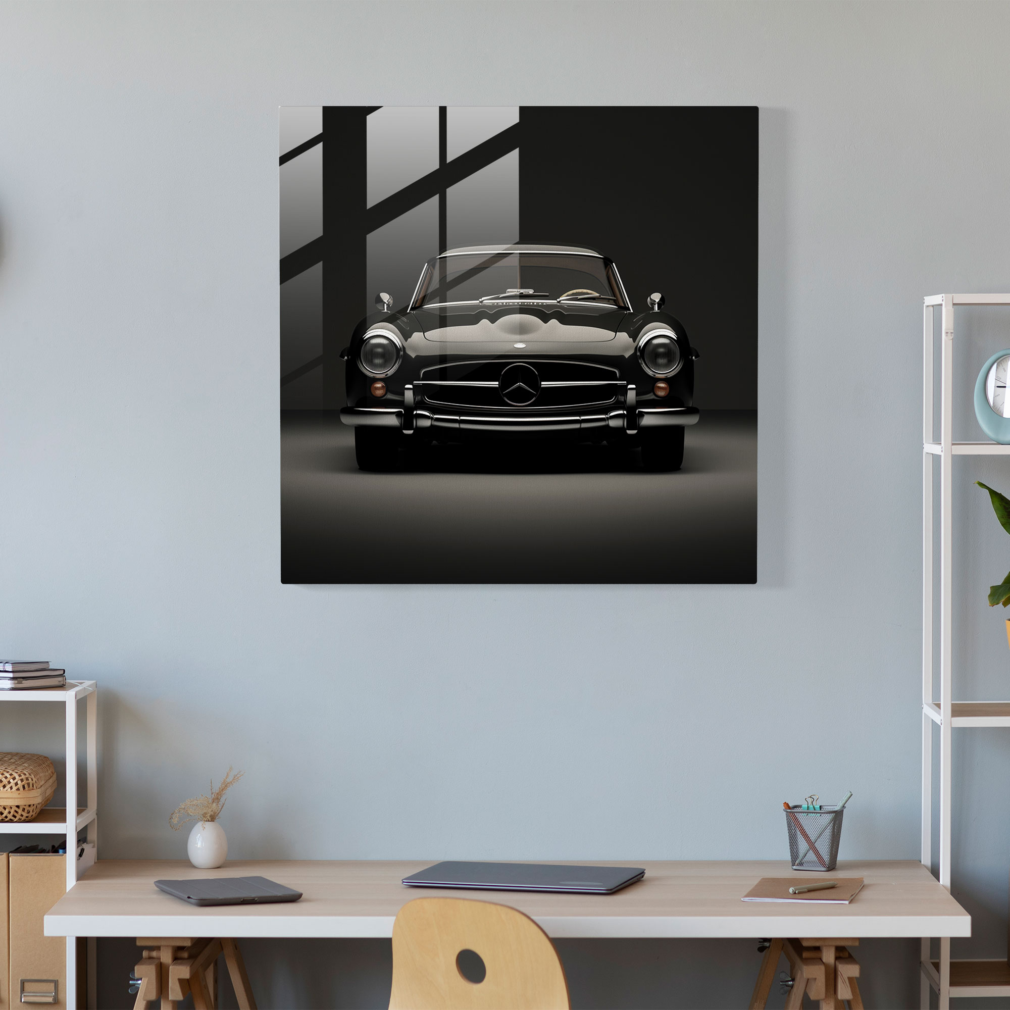 Mercedes Glasbild - minimalistisches Schwarz-Weiß-Kunstwerk - Mercedes Glas-Kunst Glaswandkunst klares Design