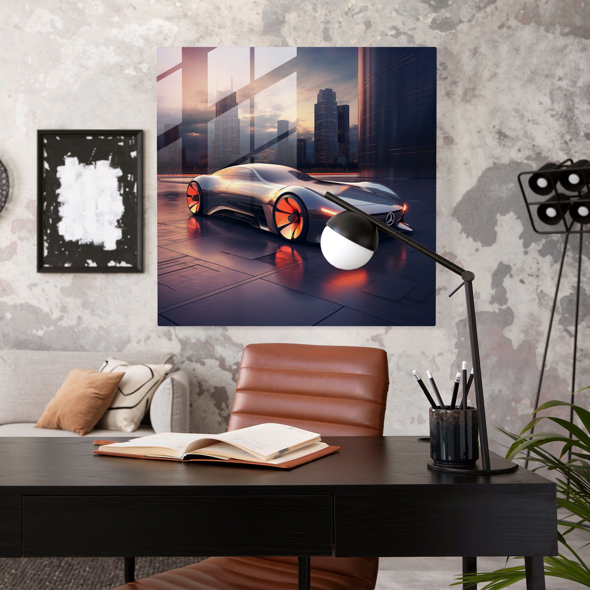 Mercedes Glasbild - Zeitgenössische digitale Illustration - Mercedes Moderne Kunst Wanddekoration Glasbild