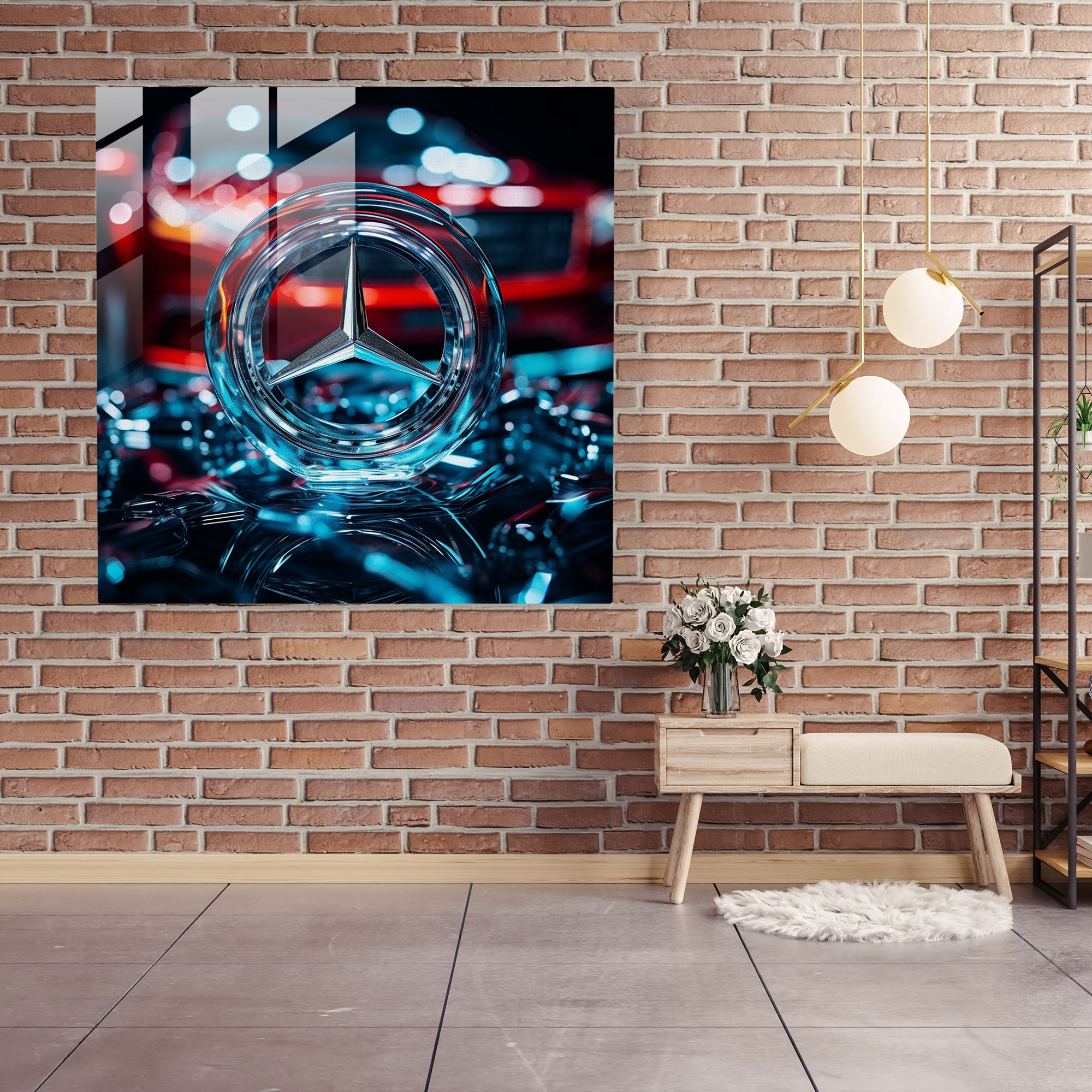 Mercedes Glasbild mit fotorealistischem Logo - Mercedes Wanddekoration Glas-Kunst