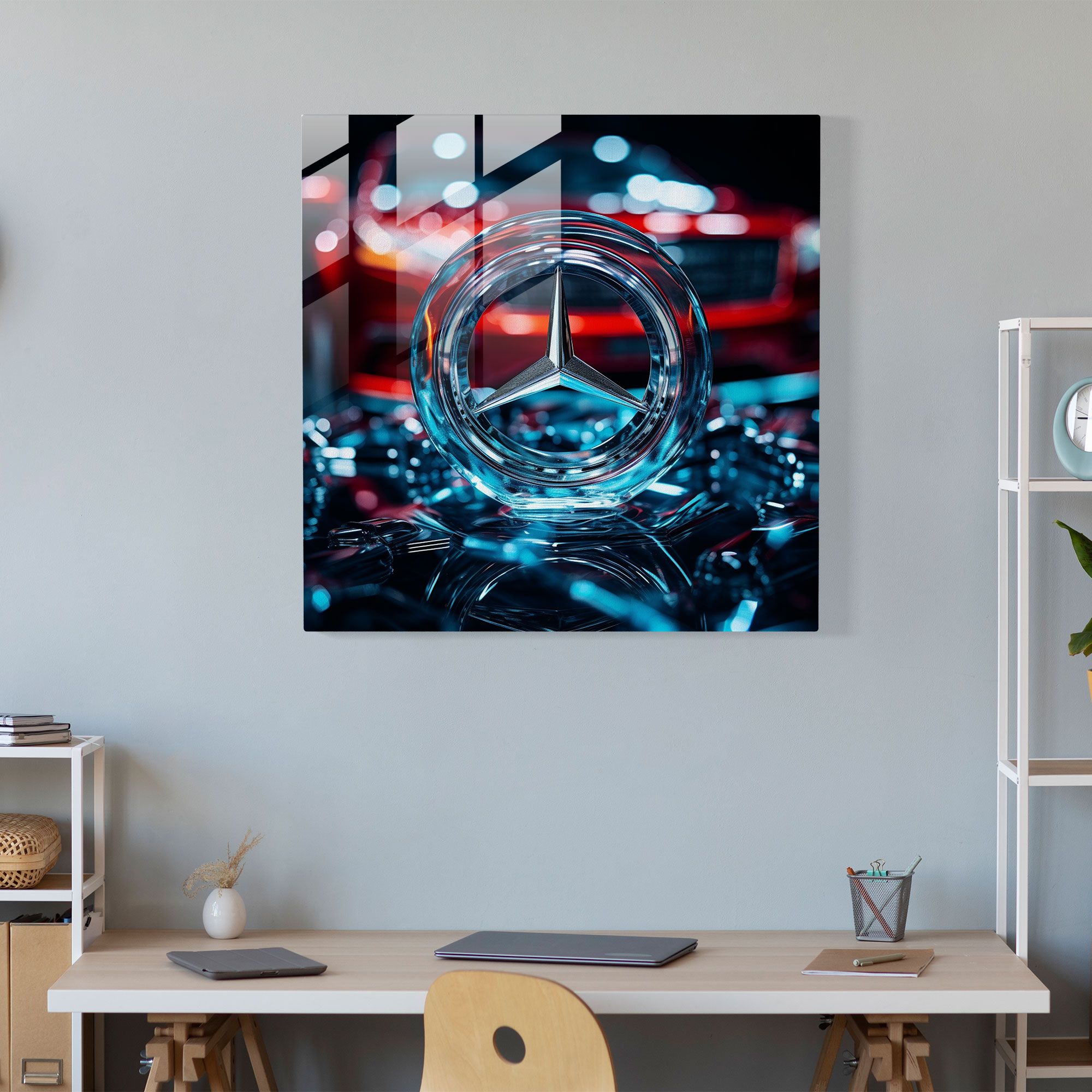 Mercedes Glasbild mit fotorealistischem Logo - Mercedes Wanddekoration Glas-Kunst