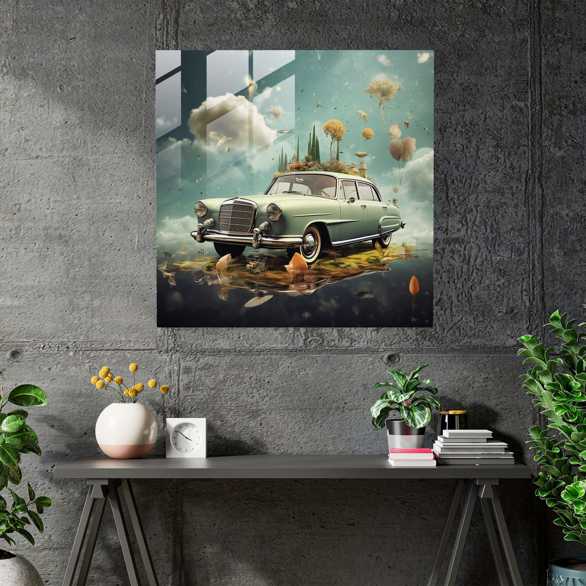 Mercedes Glasbild - Surreales Mixed-Media-Kunstwerk - Wanddekoration Wohnkultur