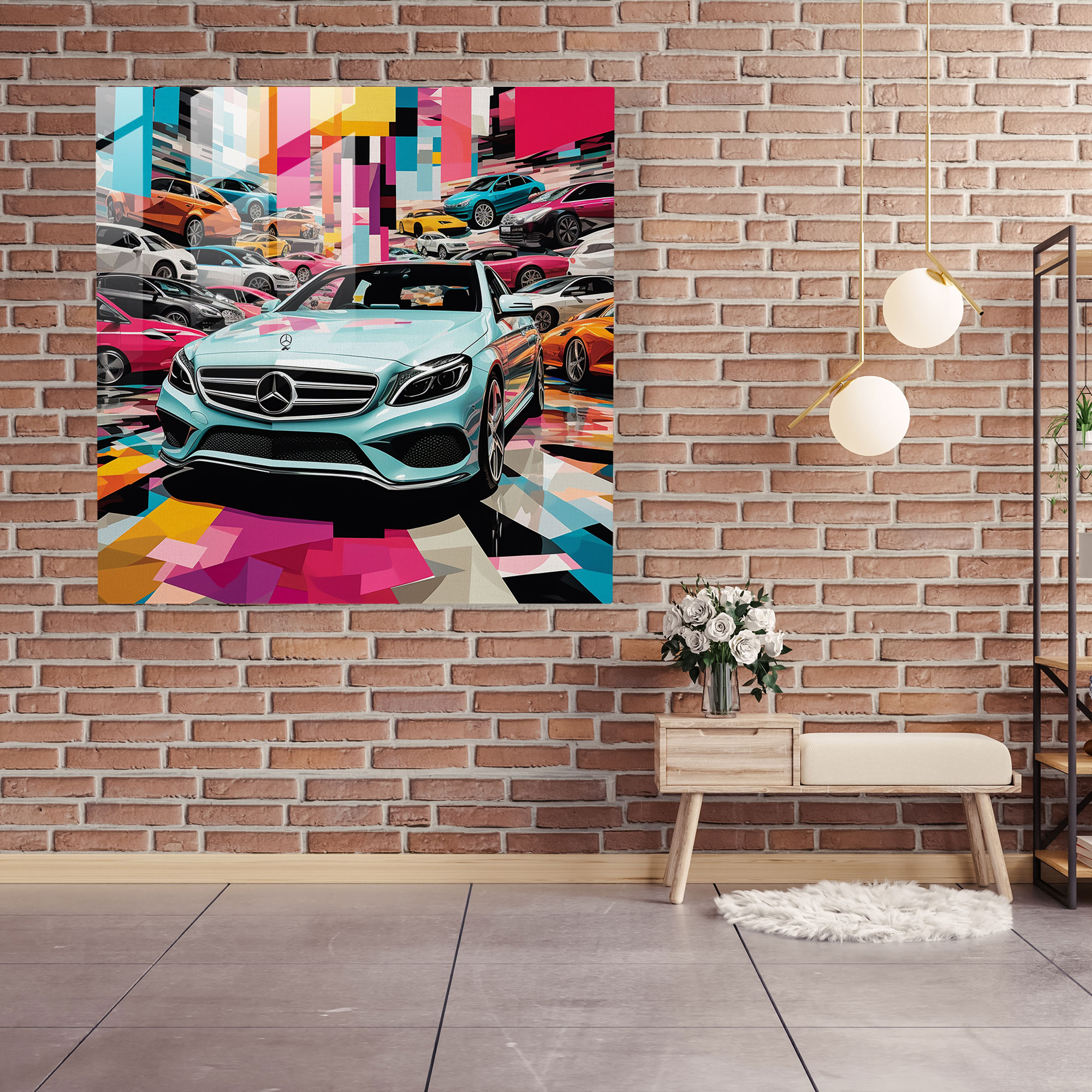 Mercedes Glasbild - Pop-Art-Collage für Zuhause - Wanddeko