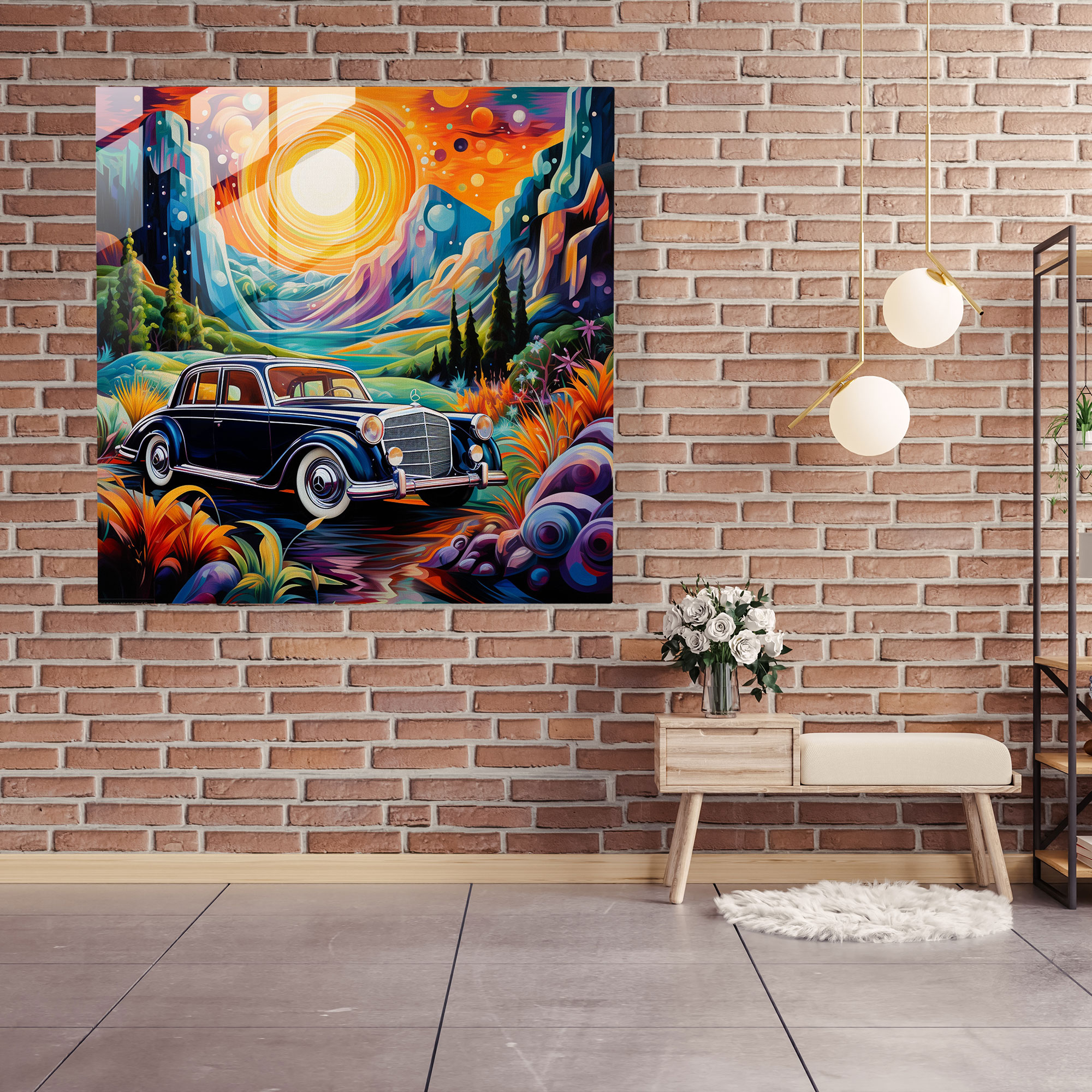 Mercedes Glasbild - Abstrakte Landschaft - Mercedes Wohn-Dekoration Wand-Dekoration Glaskunst an der Wand