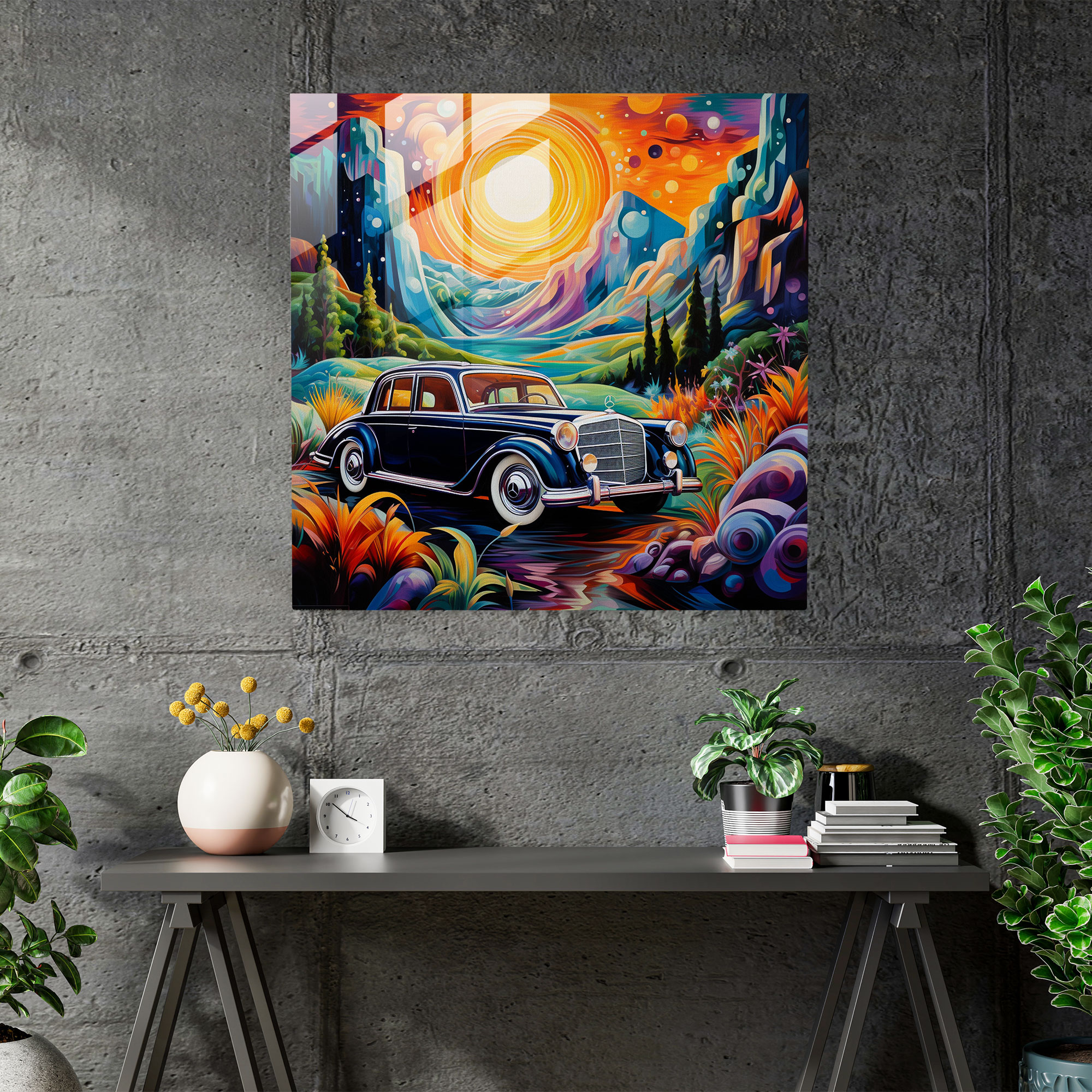 Mercedes Glasbild - Abstrakte Landschaft - Mercedes Wohn-Dekoration Wand-Dekoration Glaskunst an der Wand