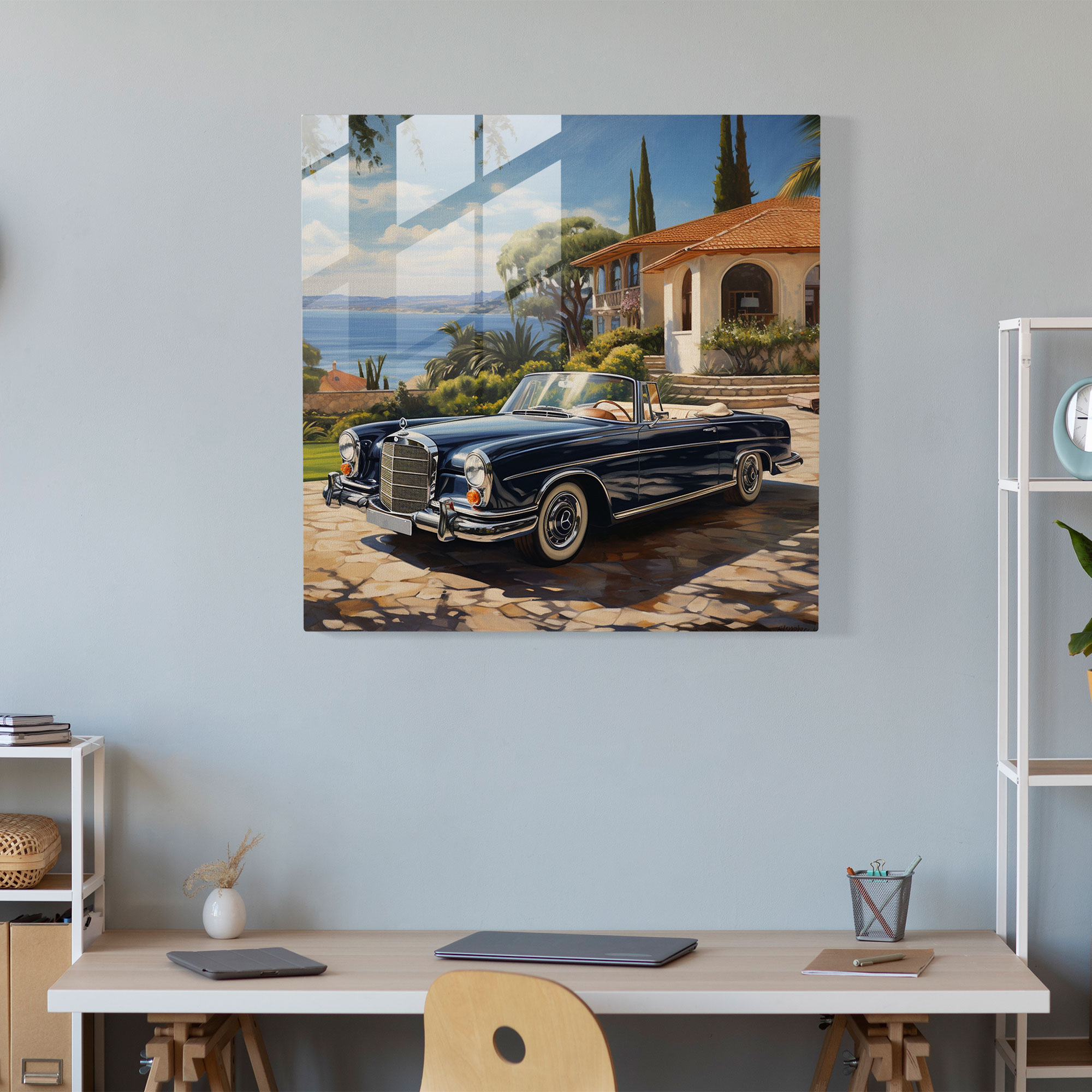 Mercedes Glass Print - Mercedes, Classic Car, Modern Art, Glass Art