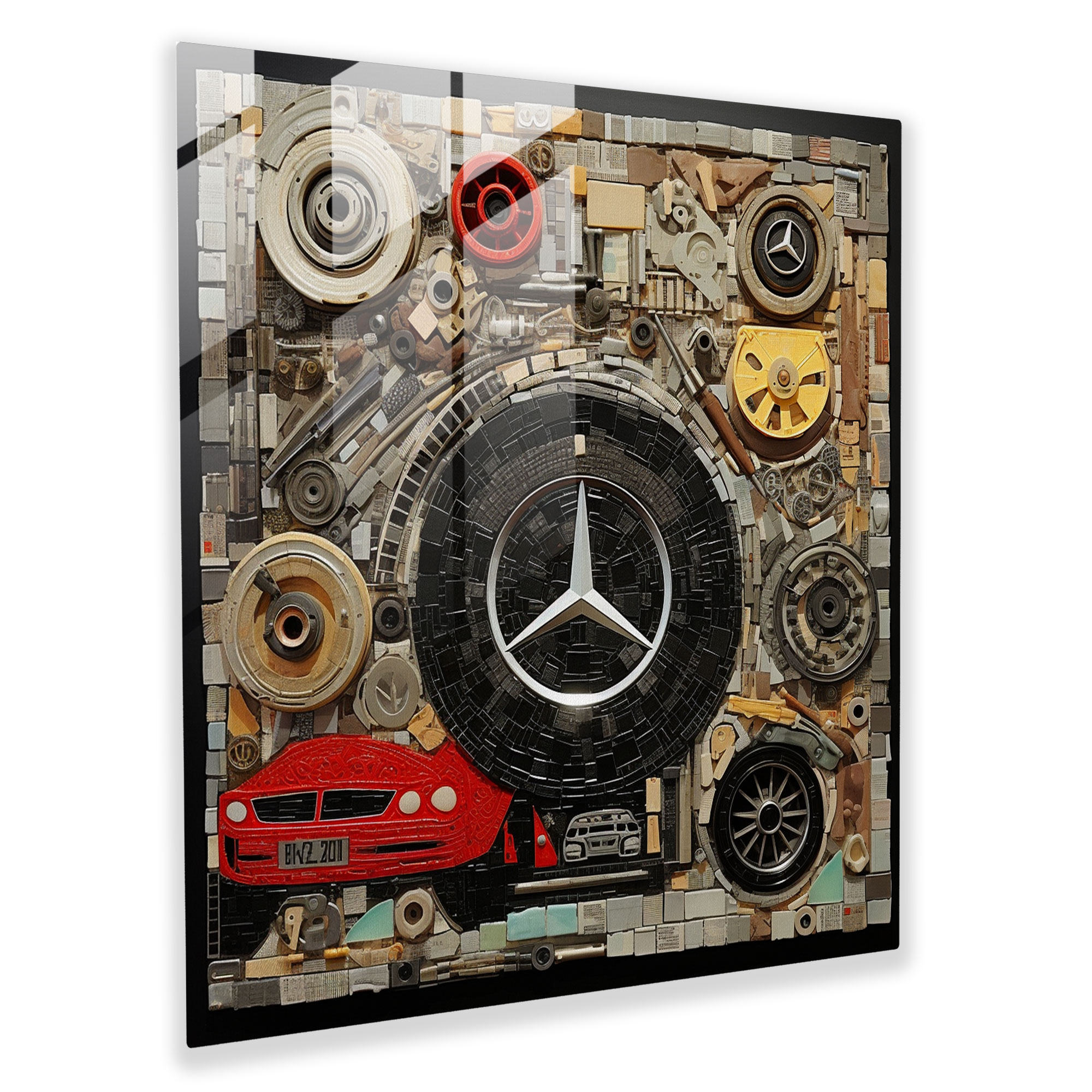 Mercedes Glass Print - Mercedes, Modern Art, Car Parts, Mixed Media