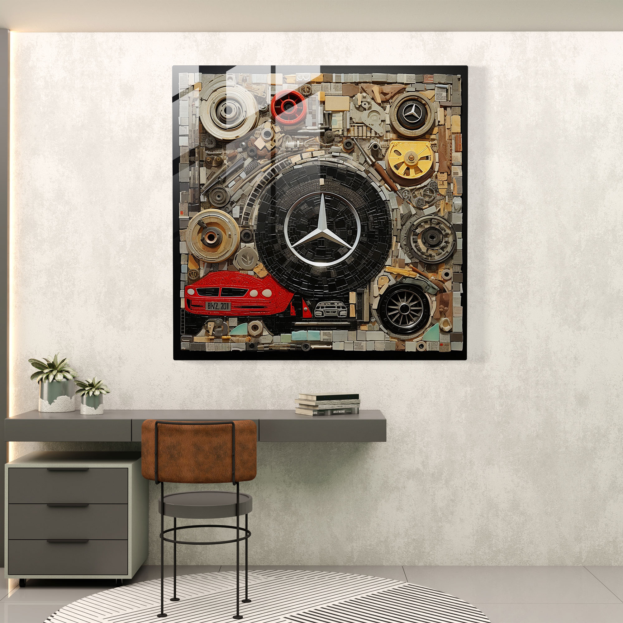 Mercedes Glass Print - Mercedes, Modern Art, Car Parts, Mixed Media