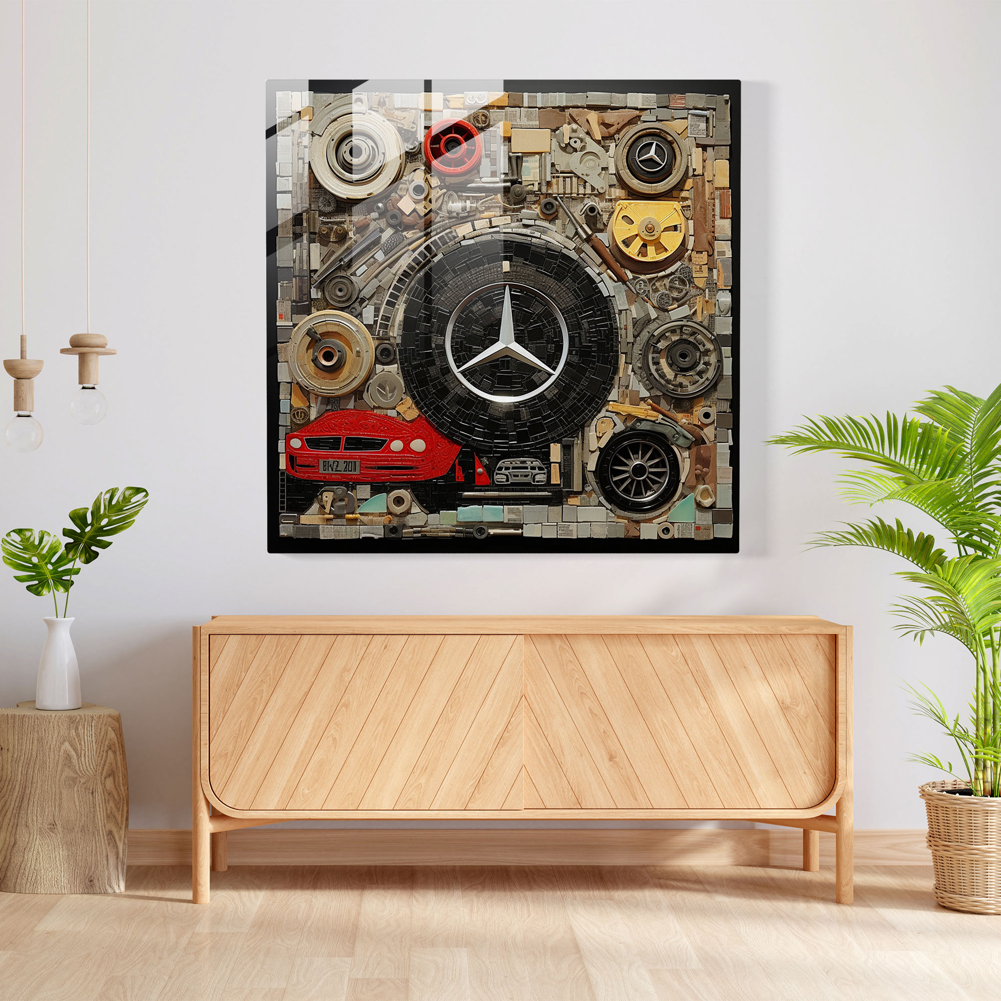 Mercedes Glass Print - Mercedes, Modern Art, Car Parts, Mixed Media