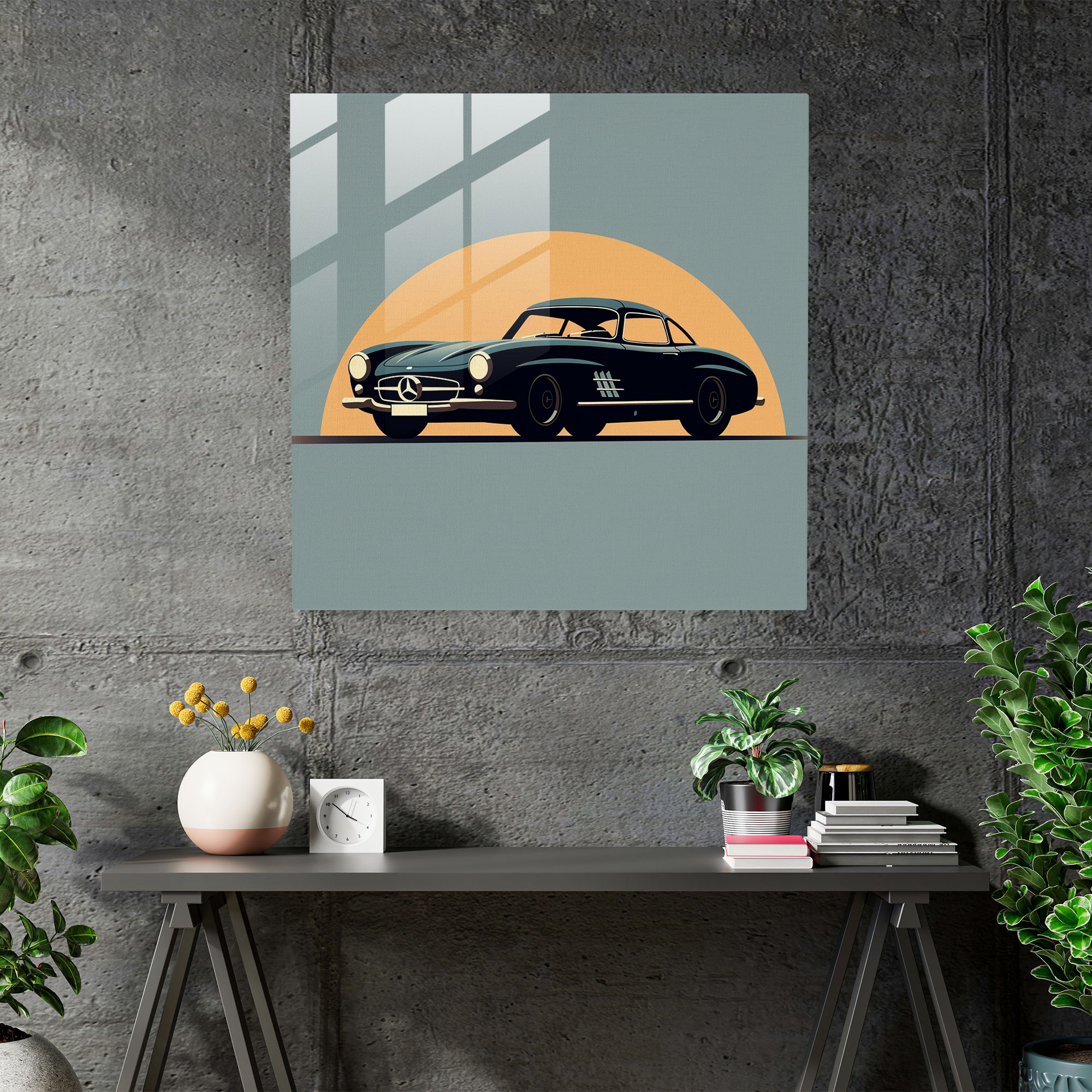 Minimalistisches Mercedes Glasbild - Elegante Silhouette Wandkunst - Mercedes Glasbild Glaswandkunst Minimalistisch