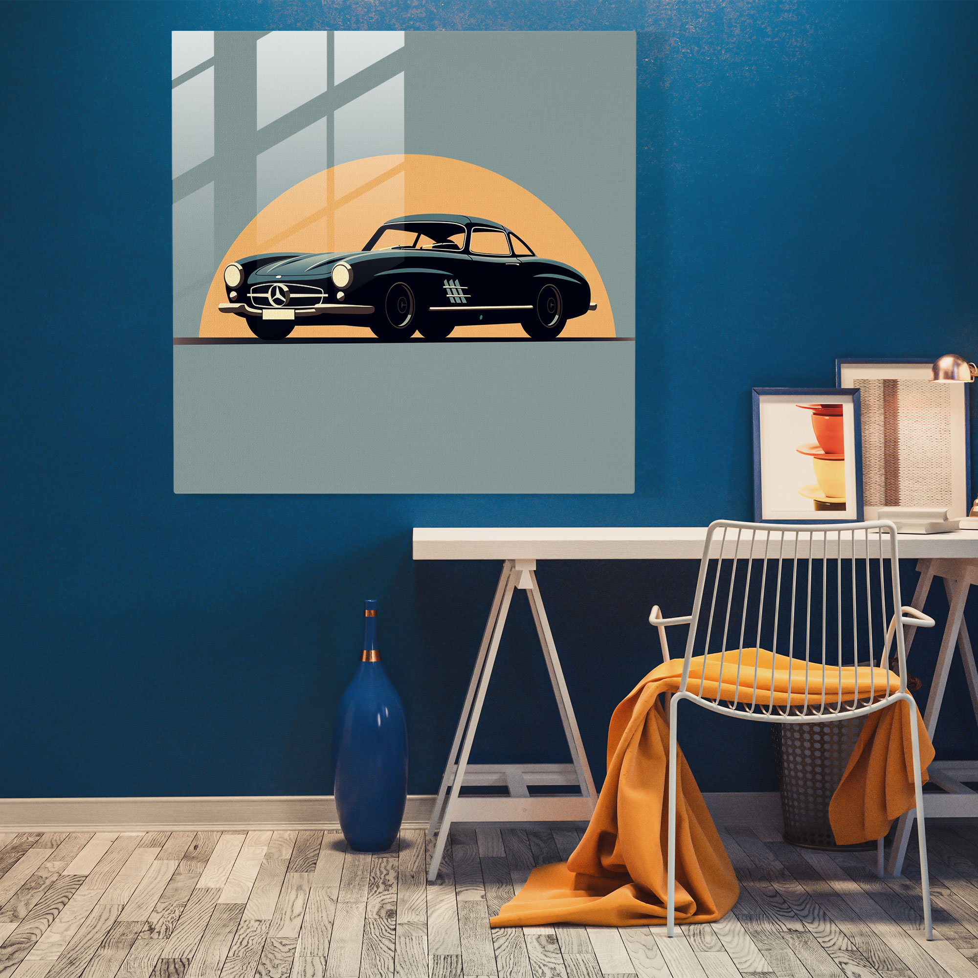 Minimalistisches Mercedes Glasbild - Elegante Silhouette Wandkunst - Mercedes Glasbild Glaswandkunst Minimalistisch