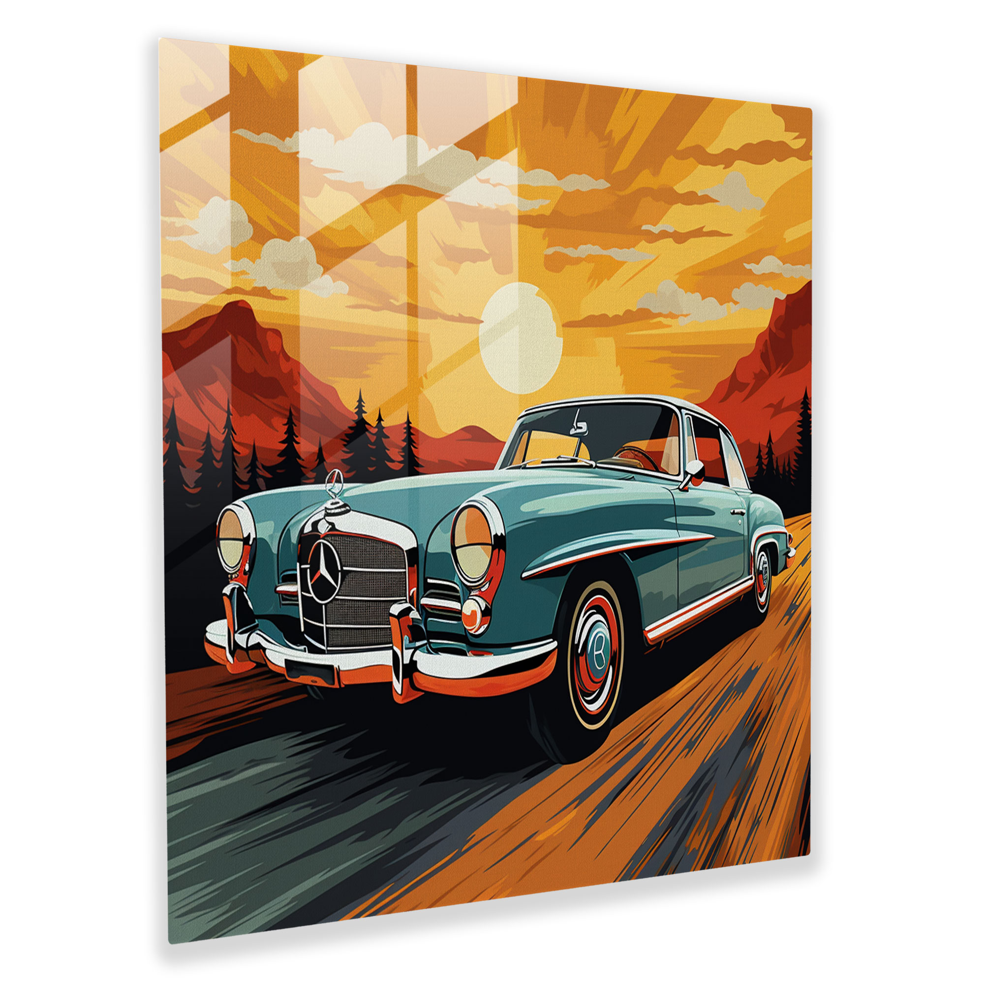Stilvolles 1960er Wandkunst Glasbild Mercedes