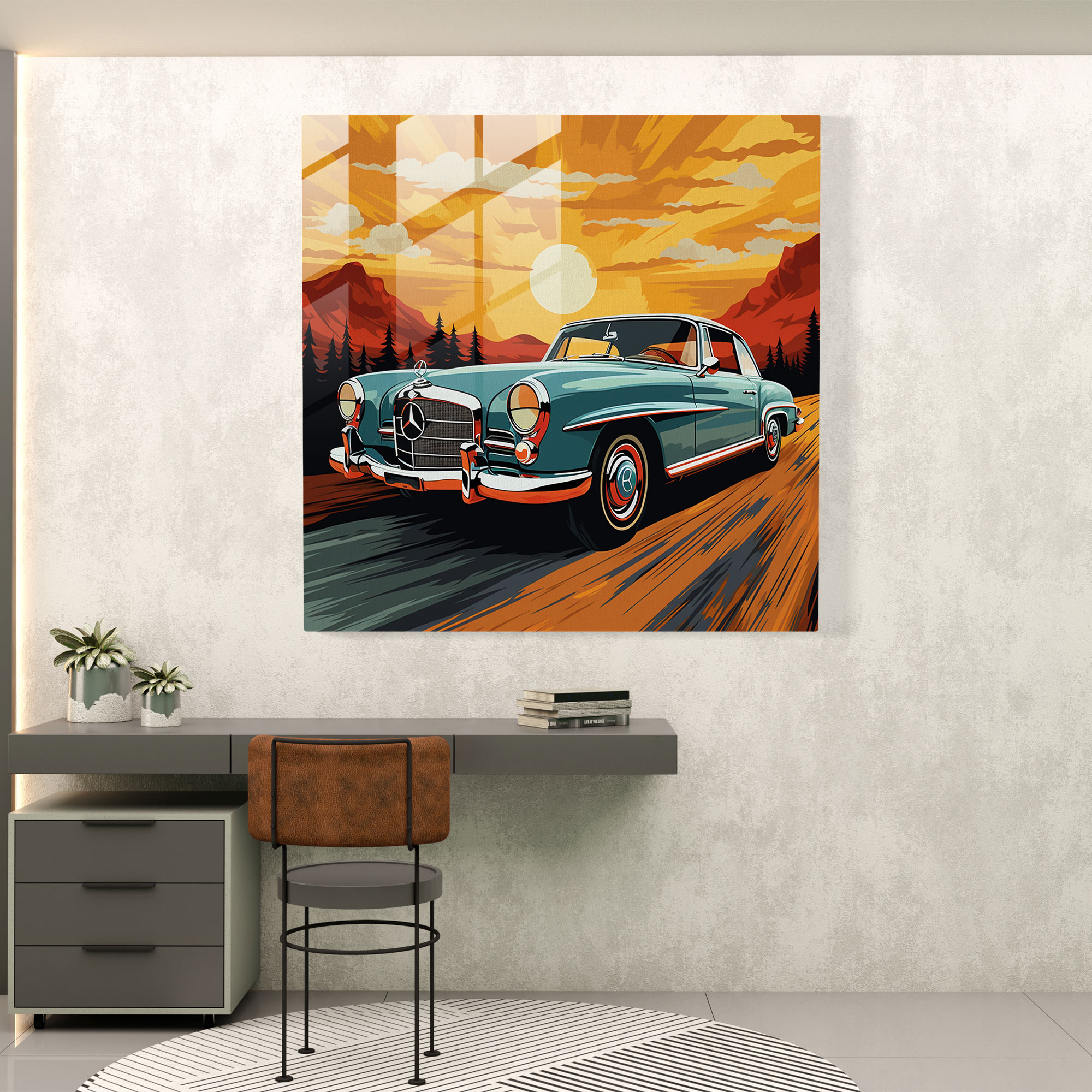 Stilvolles 1960er Wandkunst Glasbild Mercedes