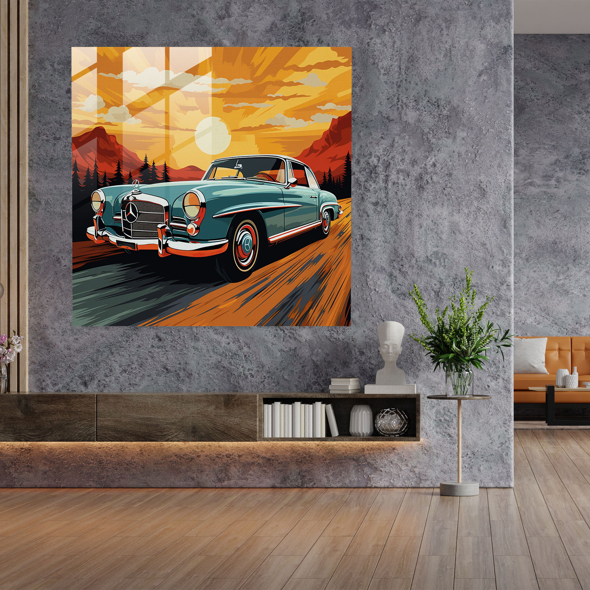 Stilvolles 1960er Wandkunst Glasbild Mercedes