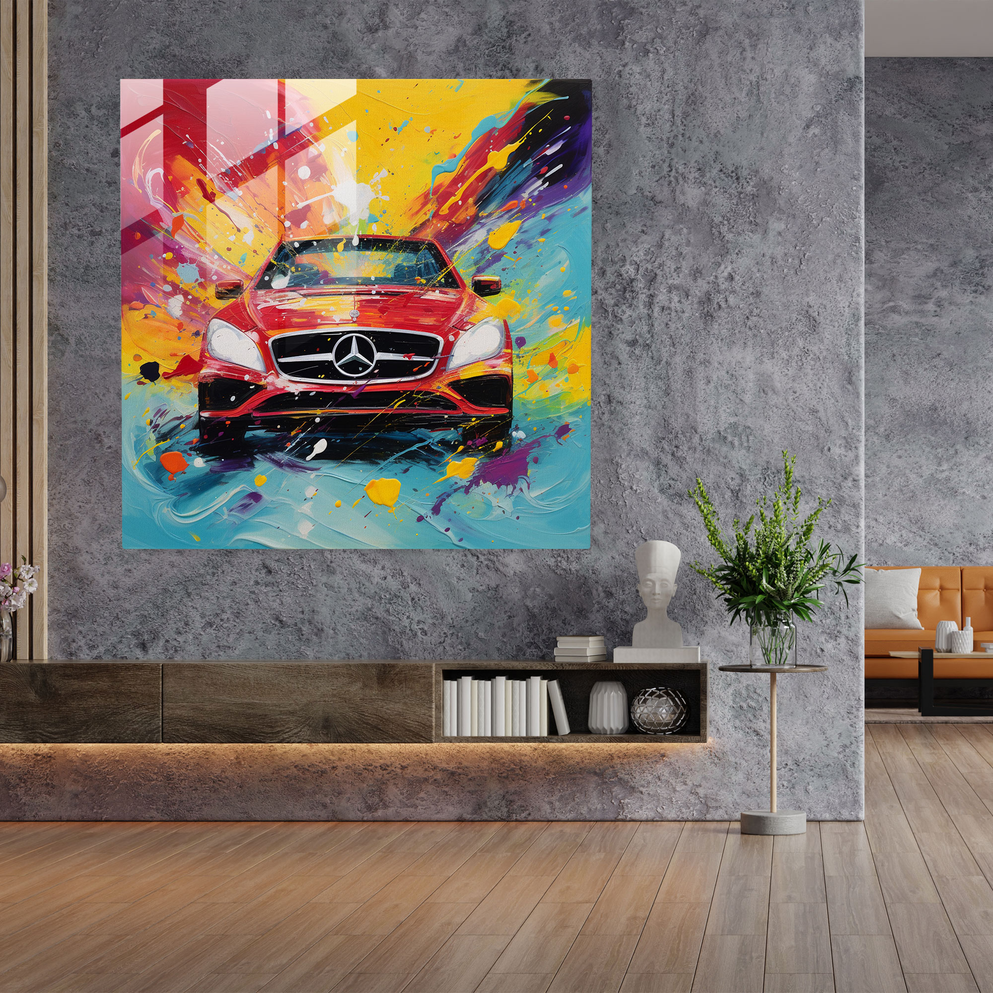 Mercedes Abstraktes Glasbild - Wanddekoration kühne Pinselstriche Glas-Wandkunst