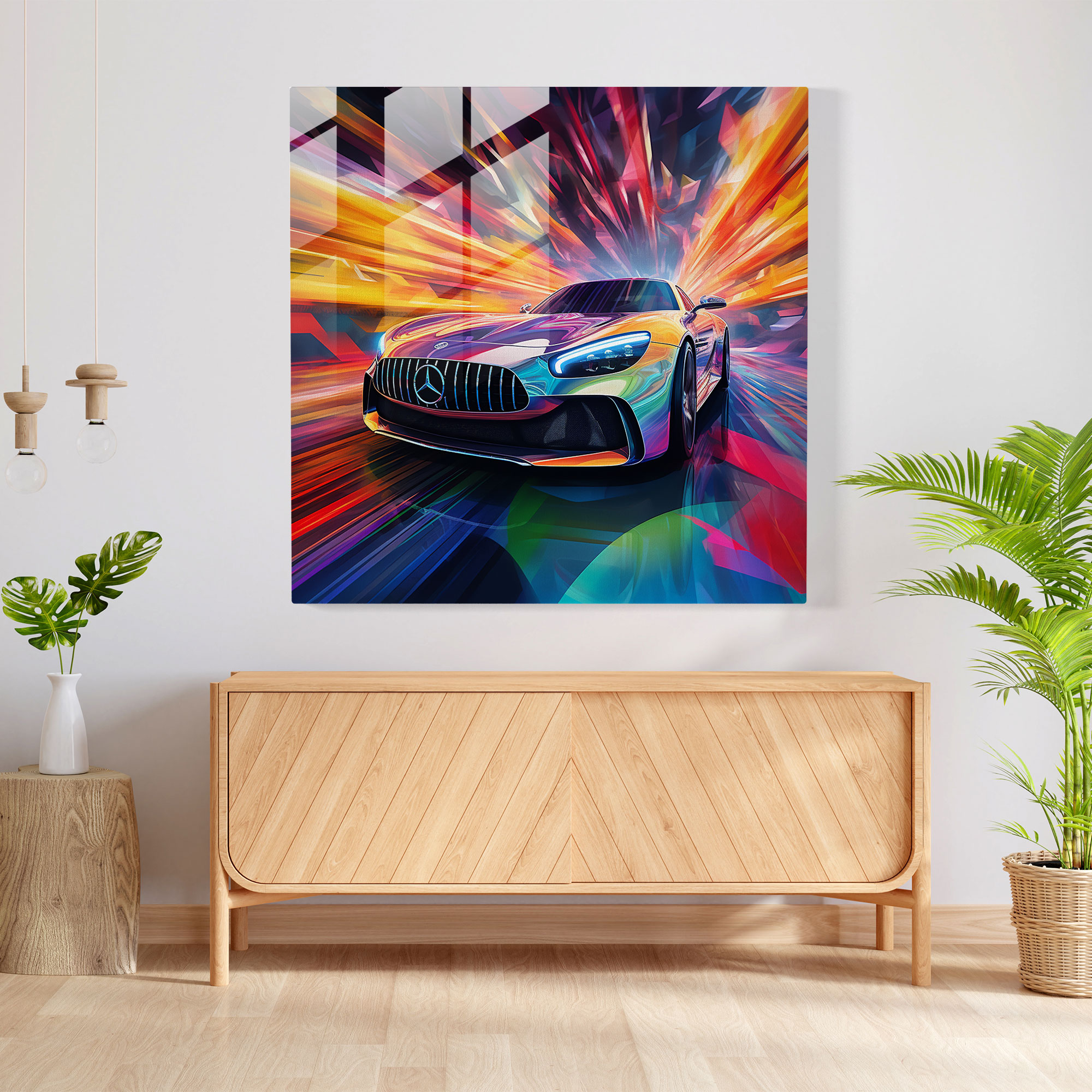 Futuristic Mercedes Glass Print - Mercedes, Vibrant Background, Futuristic Vehicle, Digital Artwork