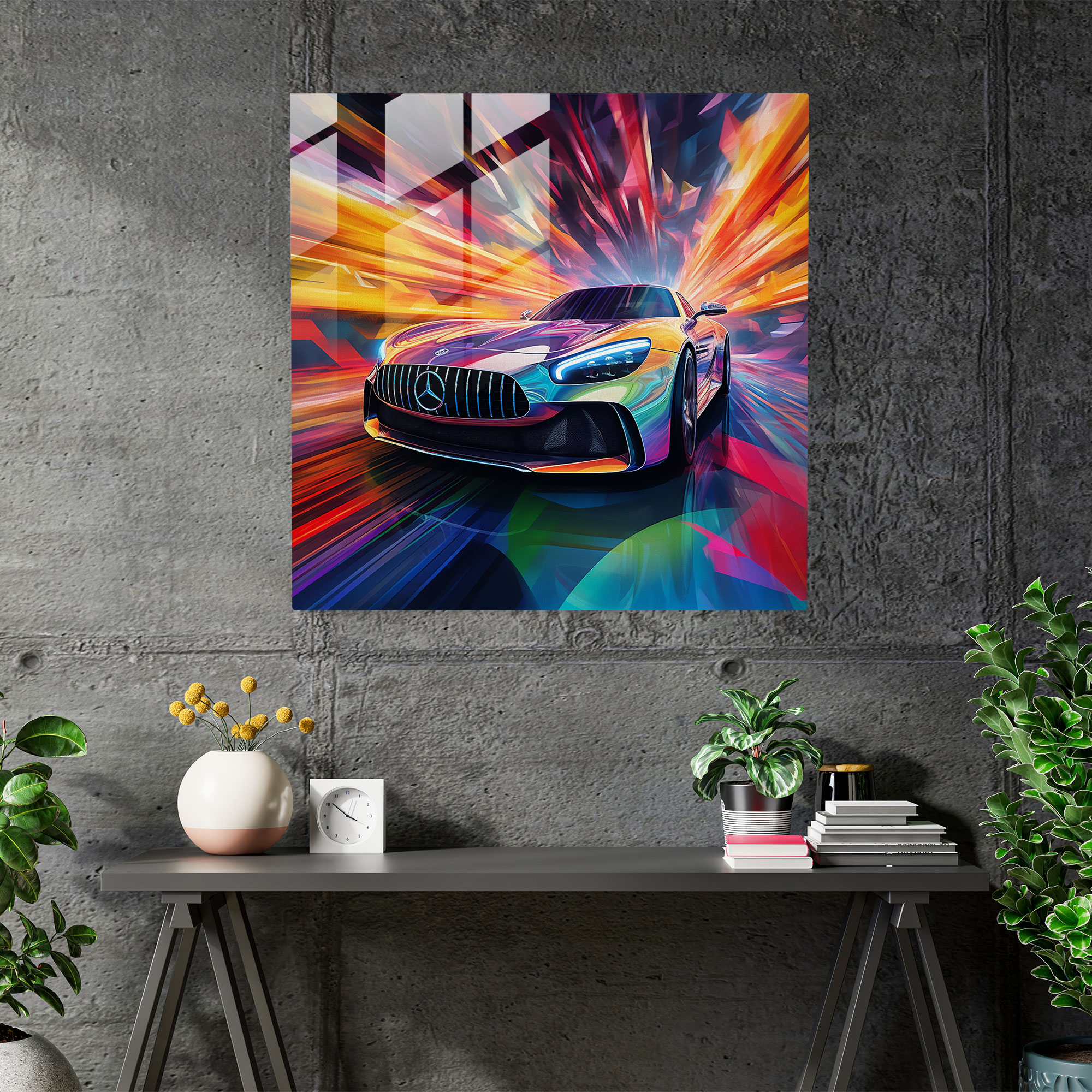 Futuristic Mercedes Glass Print - Mercedes, Vibrant Background, Futuristic Vehicle, Digital Artwork
