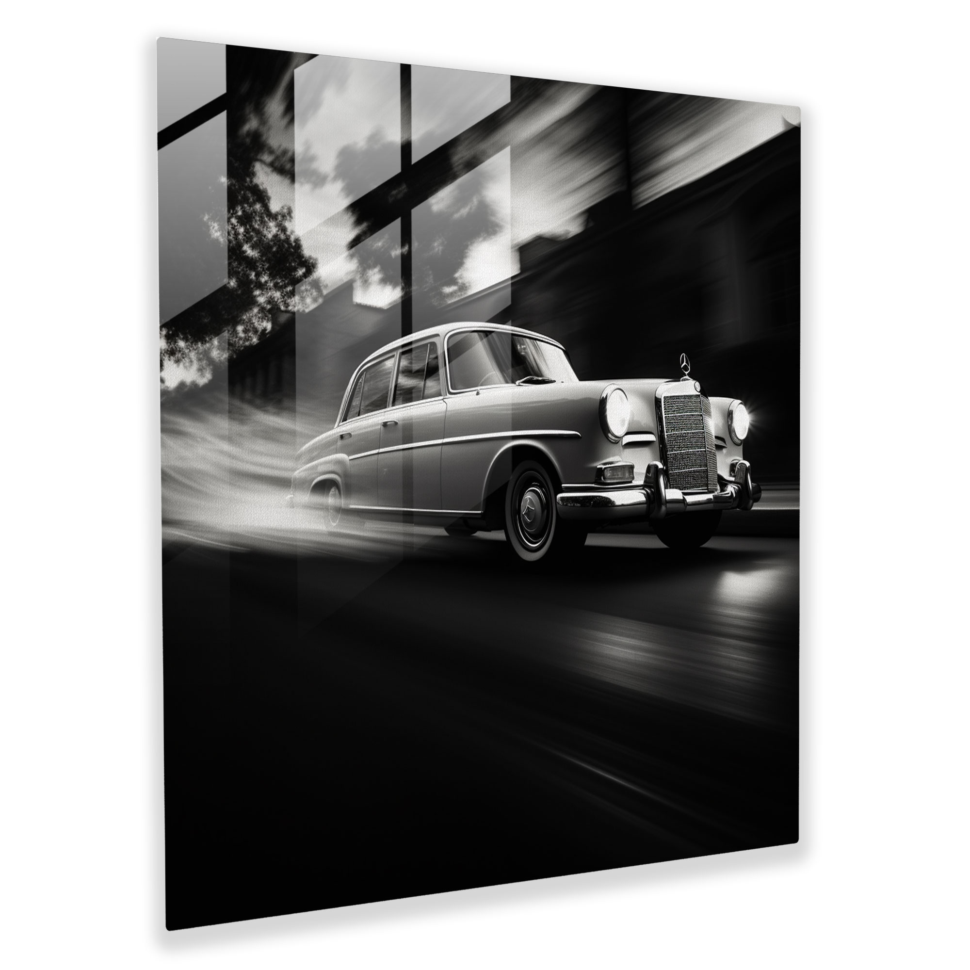 Elegantes Mercedes Glasbild - Schwarz-weißes Foto von Mercedes