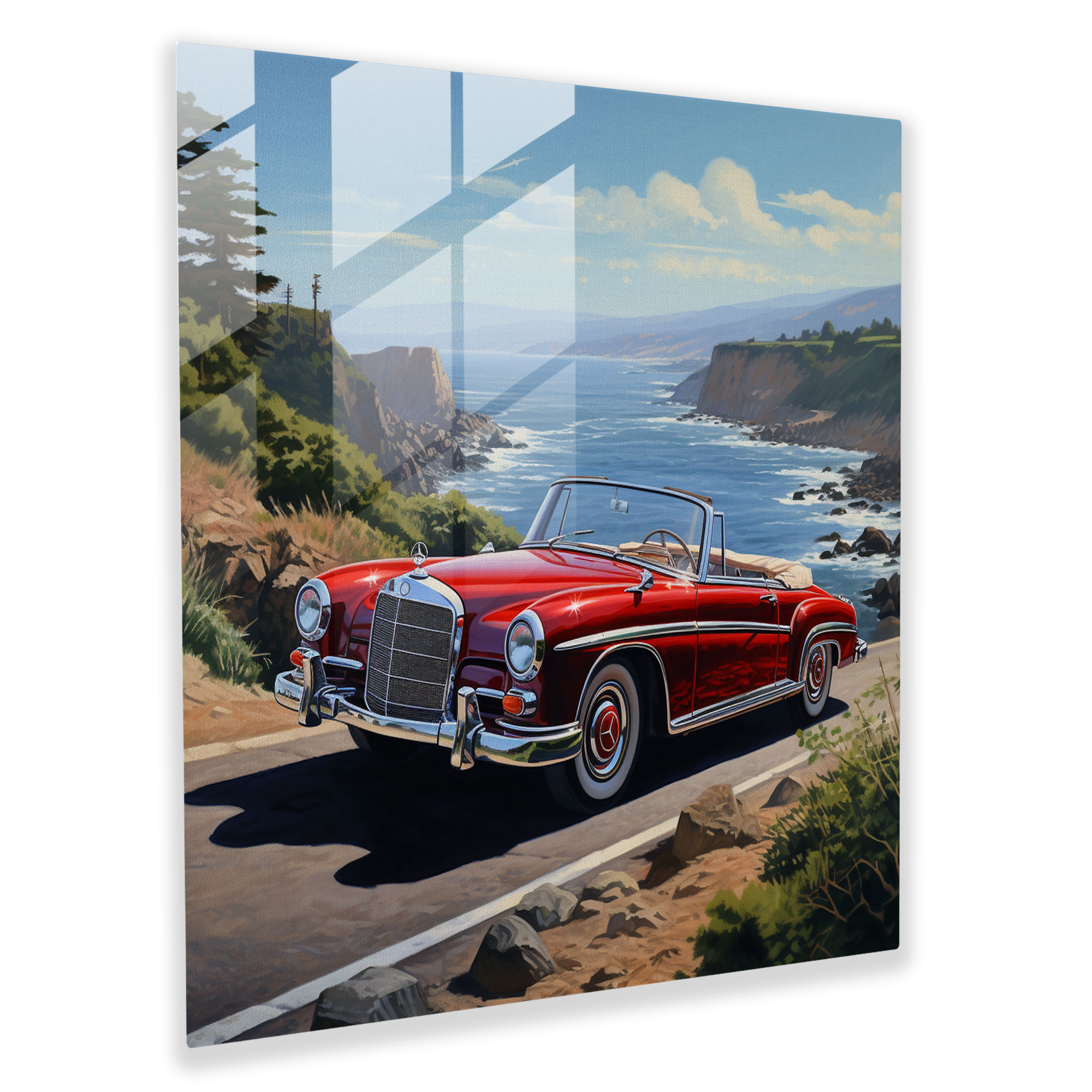 Mercedes Coastal Glass Print - Mercedes, Coastal Road, Modern Art, Elegance