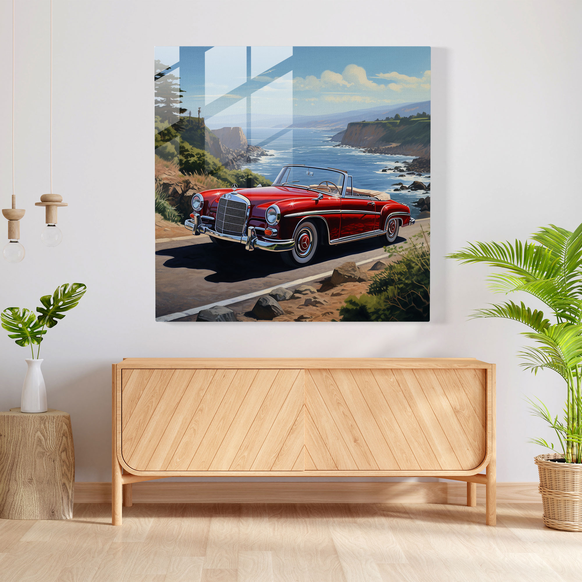Mercedes Coastal Glass Print - Mercedes, Coastal Road, Modern Art, Elegance