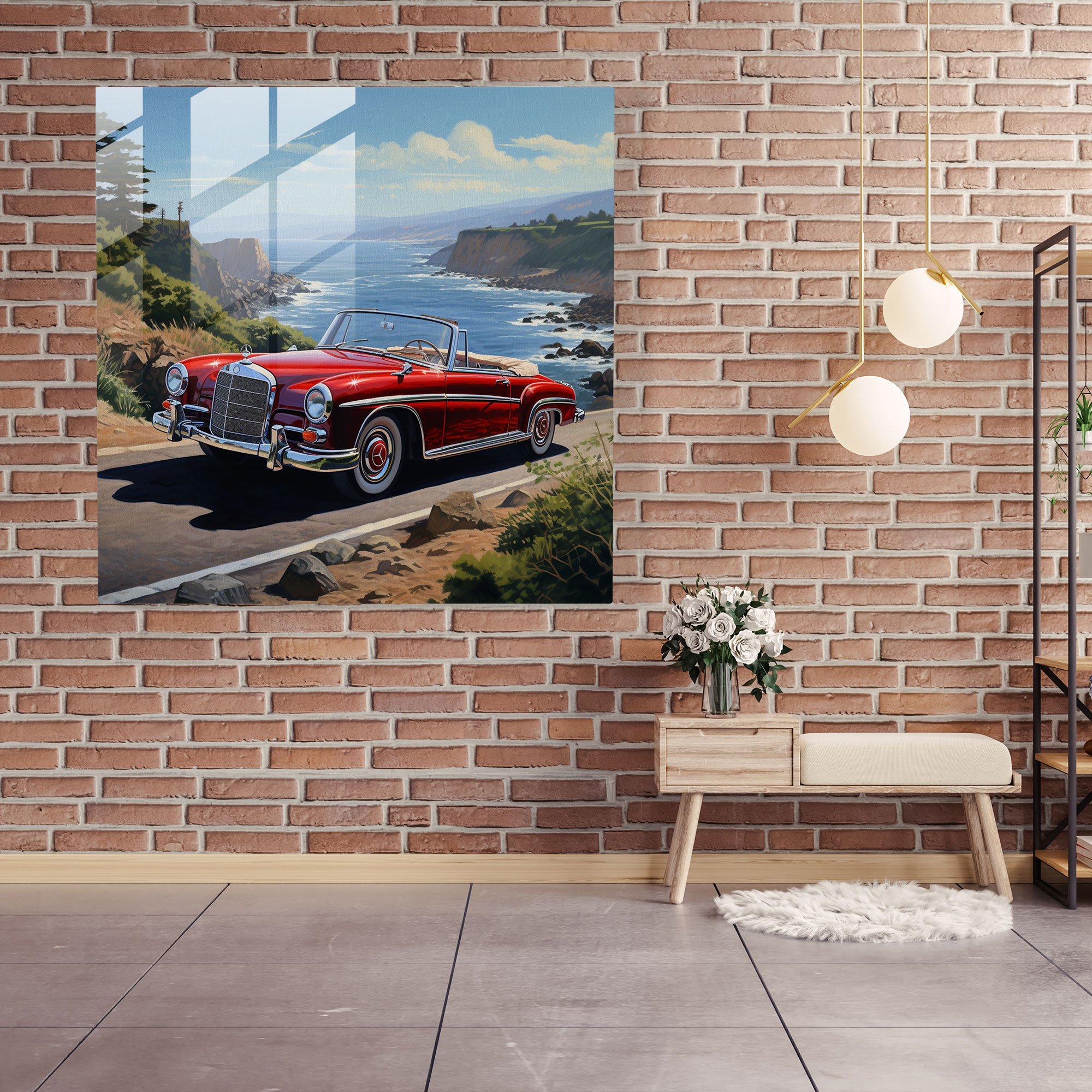 Mercedes Coastal Glass Print - Mercedes, Coastal Road, Modern Art, Elegance