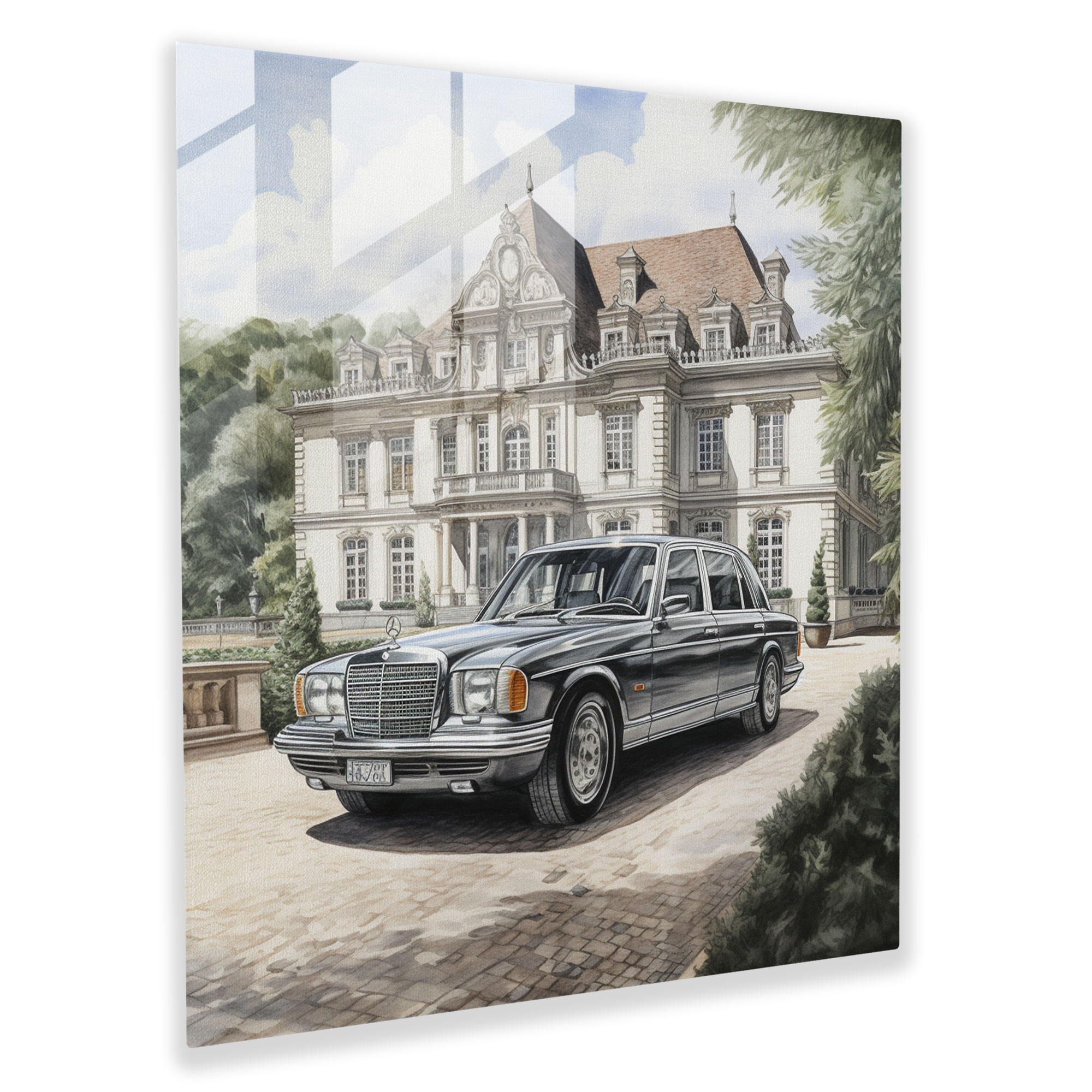 Mercedes Luxury Glass Print - Mercedes, Home Decoration, Realistic Sketch, Glass Print