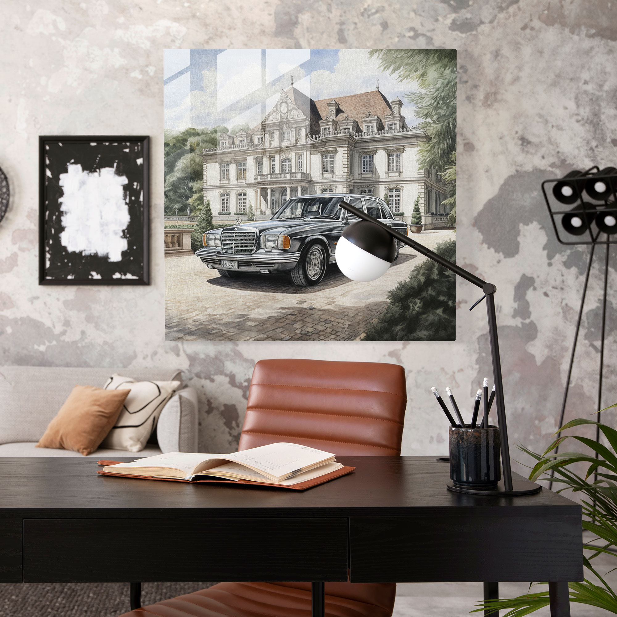 Mercedes Luxury Glass Print - Mercedes, Home Decoration, Realistic Sketch, Glass Print