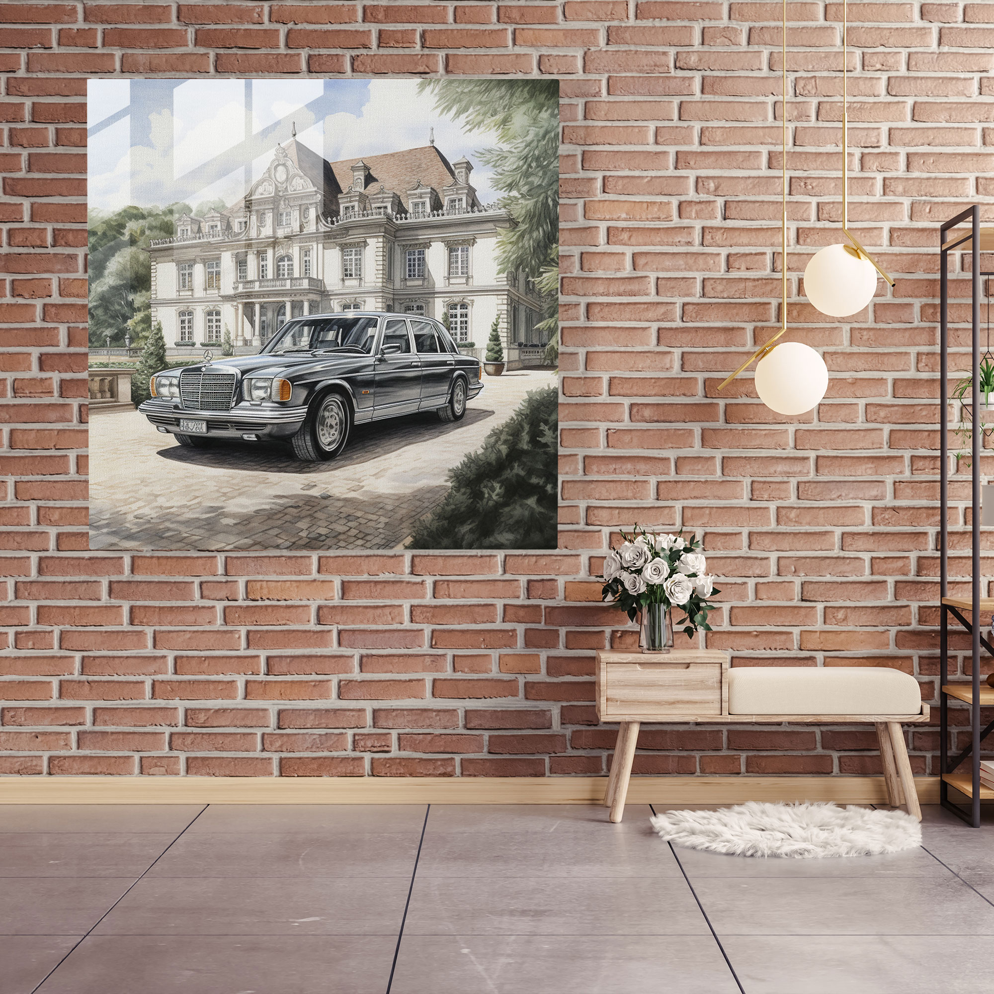 Mercedes Luxury Glass Print - Mercedes, Home Decoration, Realistic Sketch, Glass Print