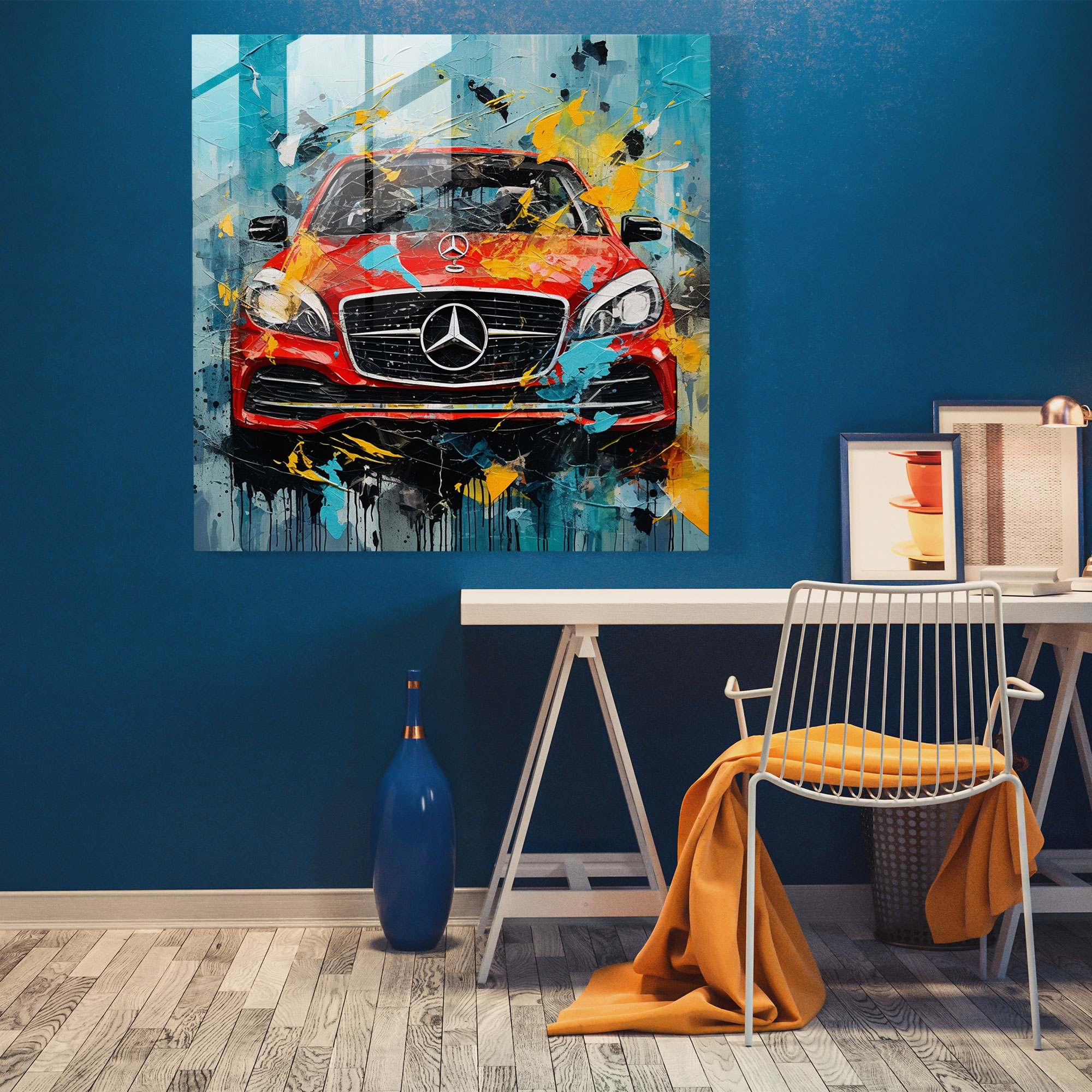 Mercedes Expressionist Glasbild - Mercedes Mixed Media Kunstwerk Mercedes Logo künstlerische Anziehungskraft