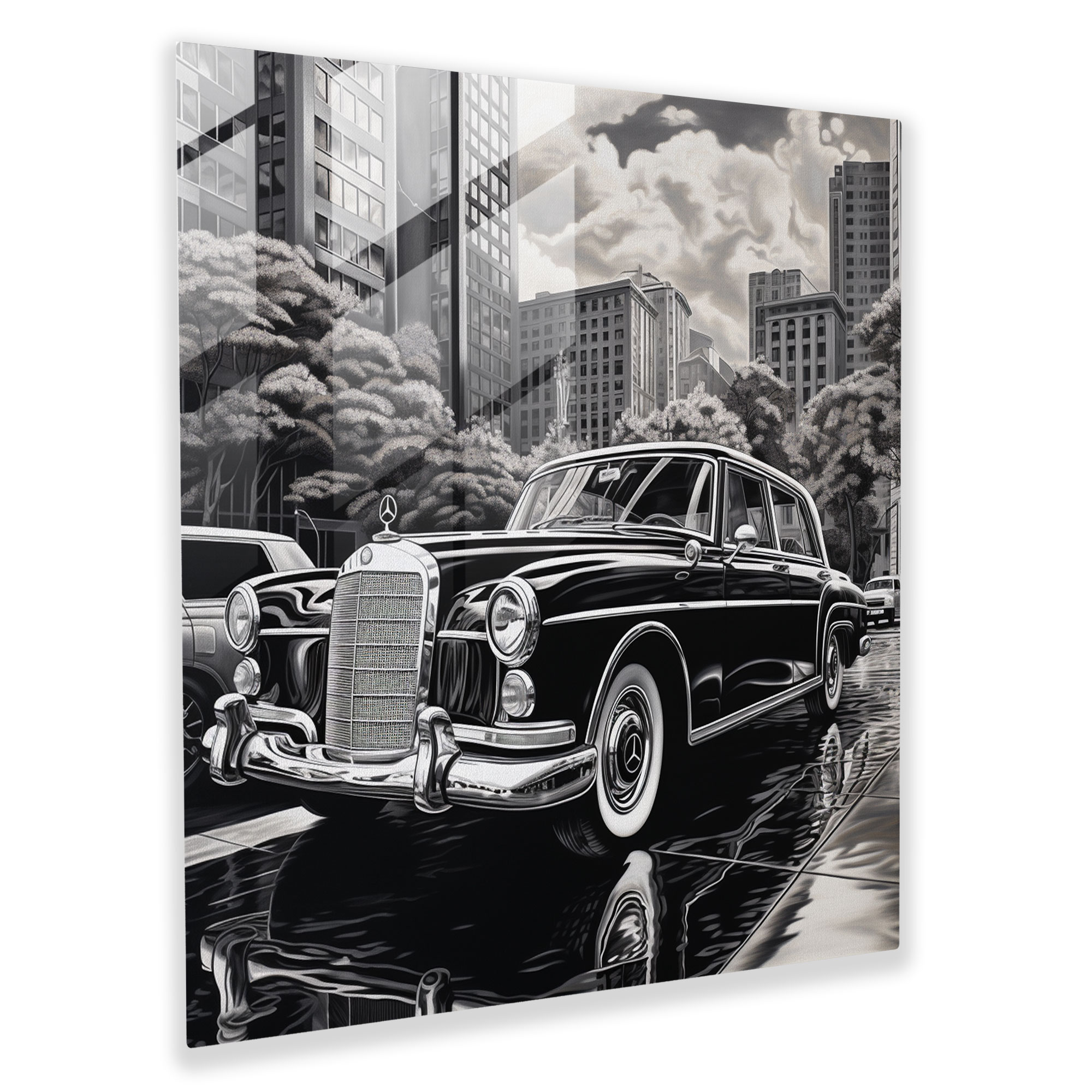 Mercedes Glass Print - Classic Black And White Painting - Mercedes, Luxurious Car, Glass Art, Cityscape