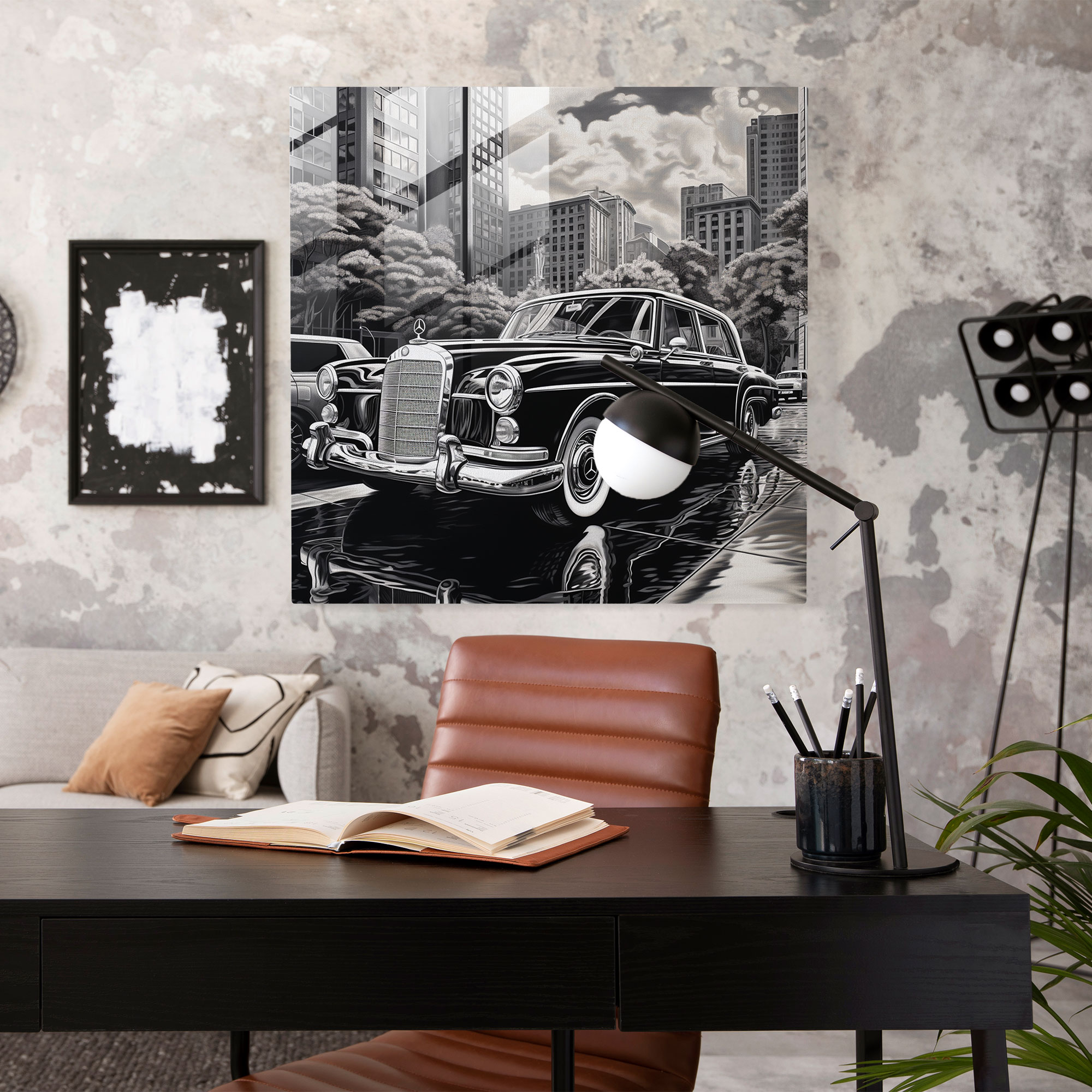 Mercedes Glass Print - Classic Black And White Painting - Mercedes, Luxurious Car, Glass Art, Cityscape