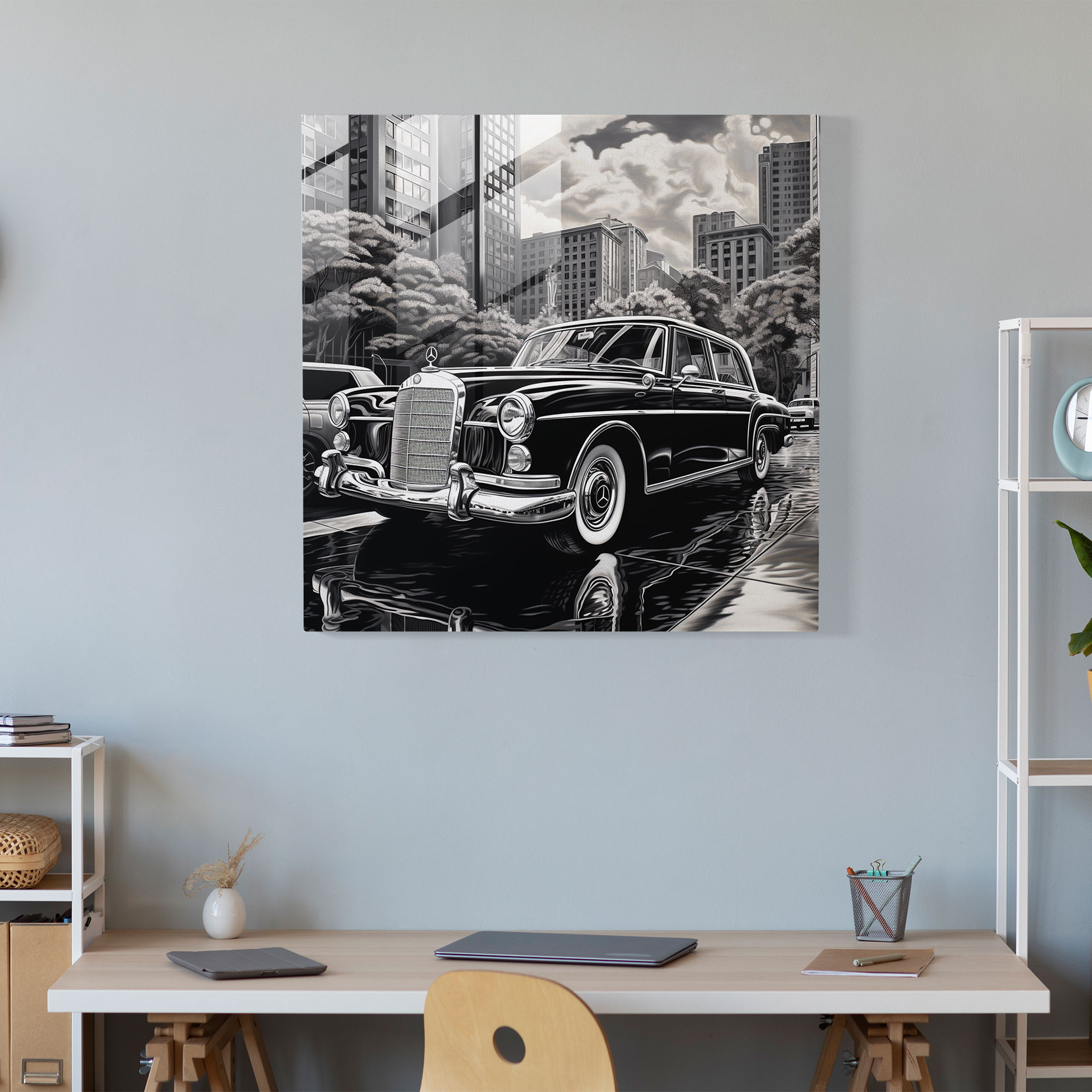 Mercedes Glass Print - Classic Black And White Painting - Mercedes, Luxurious Car, Glass Art, Cityscape