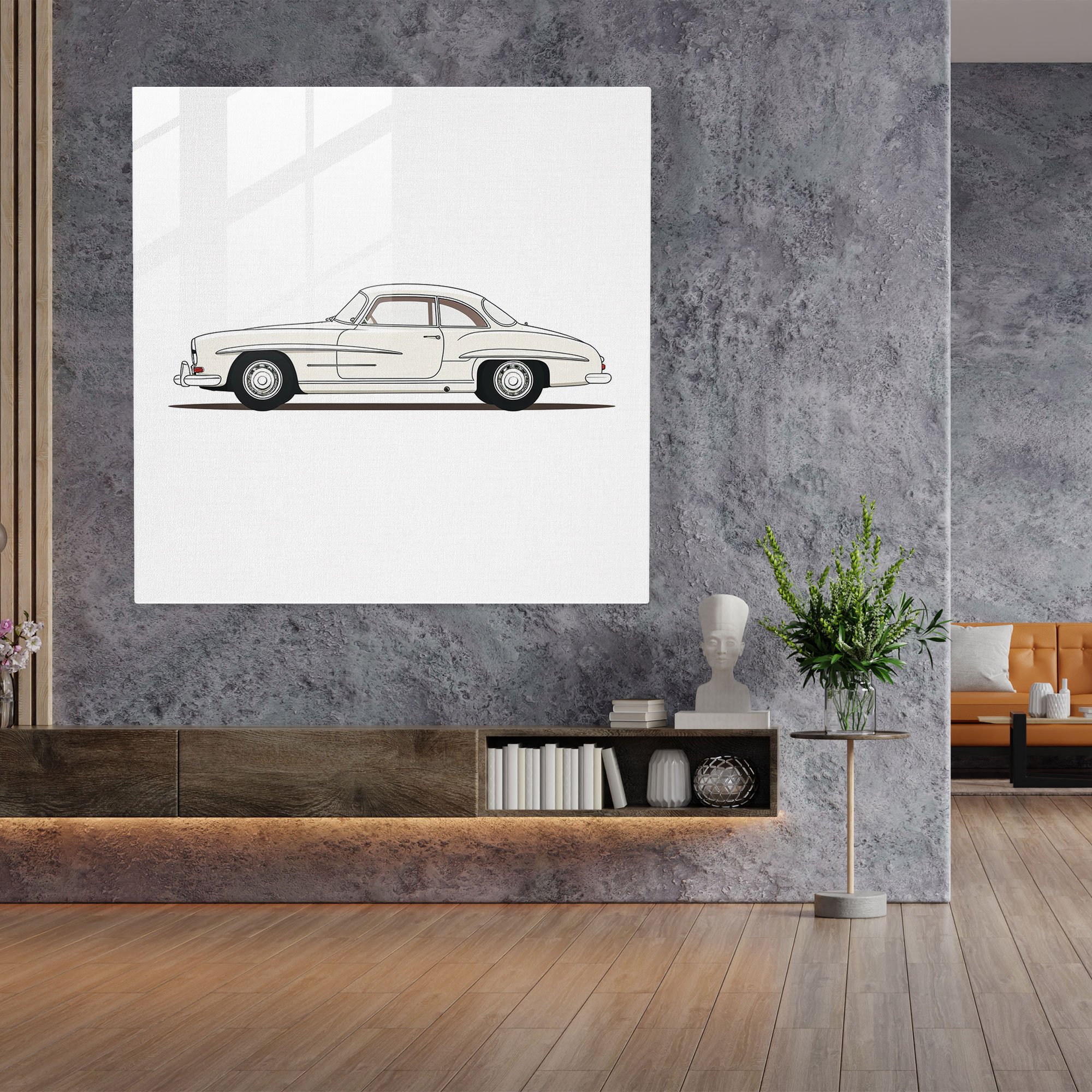 Mercedes Glass Print - Minimalist Single Line Drawing - Mercedes, Wall Decoration, Glass Print, Sleek Car