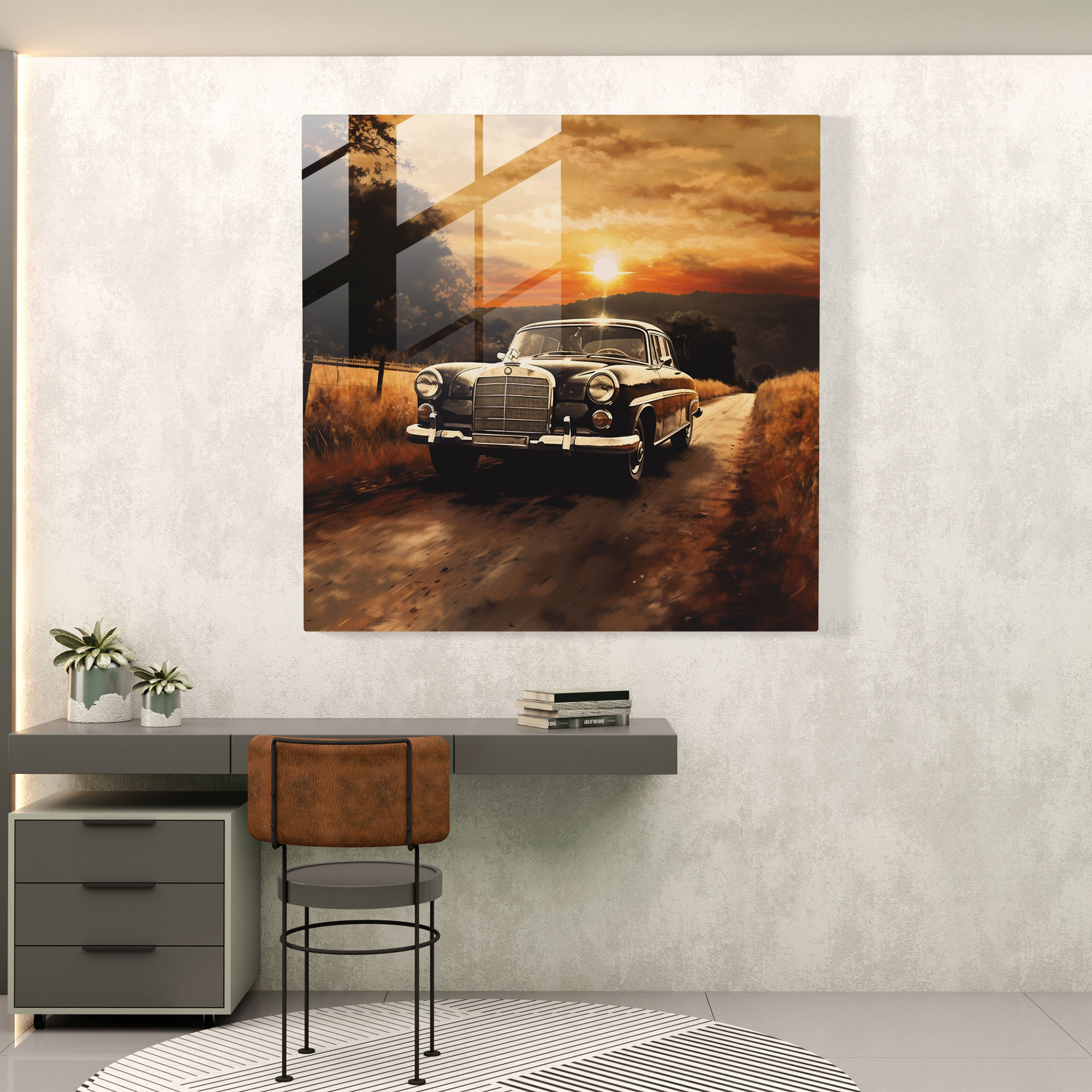 Mercedes Glass Print - Impressionist Sunset And Car - Mercedes, Glass Wall Art, Sunset Scenery, Modern Art