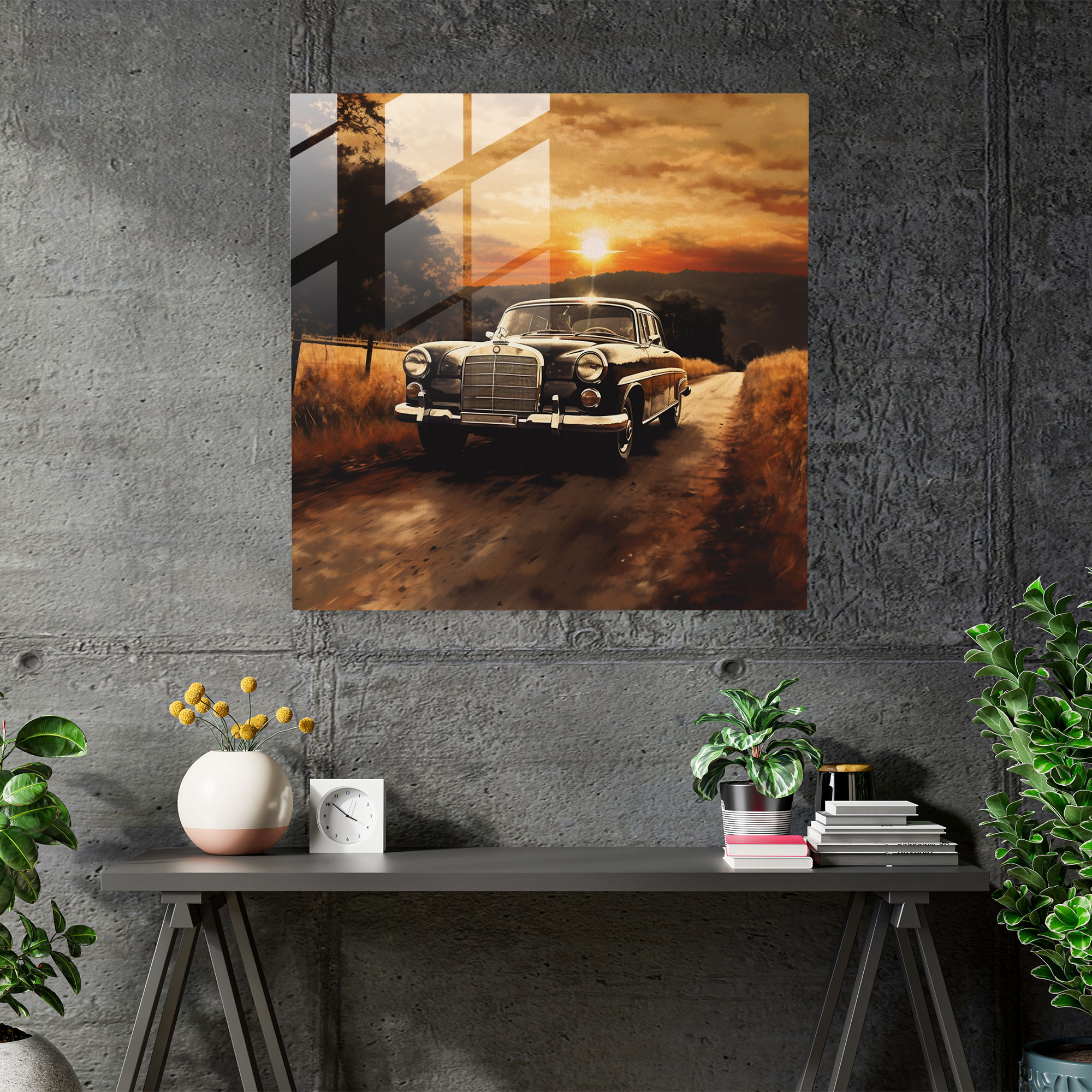 Mercedes Glass Print - Impressionist Sunset And Car - Mercedes, Glass Wall Art, Sunset Scenery, Modern Art