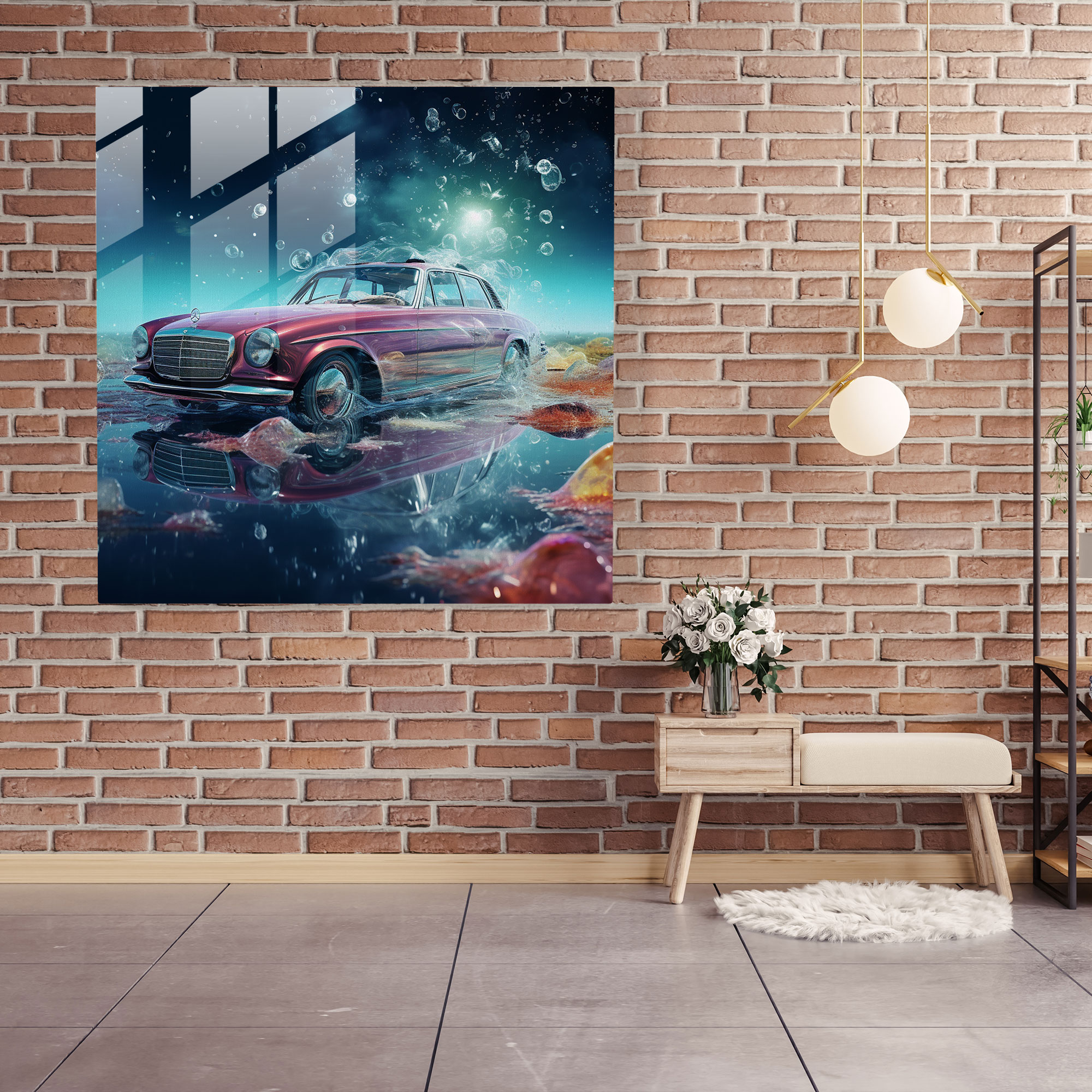 Mercedes Glasbild - Zukunftsweisendes Traumhaftes Universum - Mercedes Wanddekoration Moderne Kunst Traumhaftes Universum