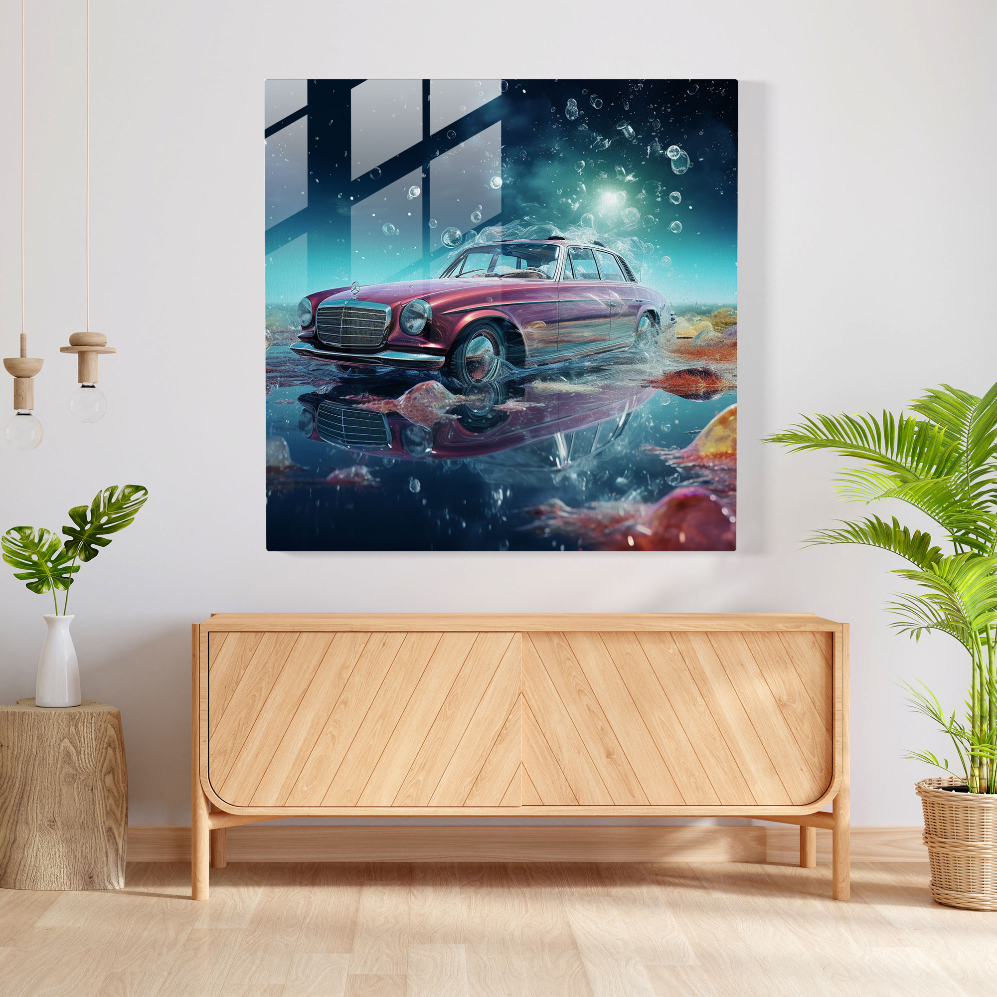 Mercedes Glasbild - Zukunftsweisendes Traumhaftes Universum - Mercedes Wanddekoration Moderne Kunst Traumhaftes Universum