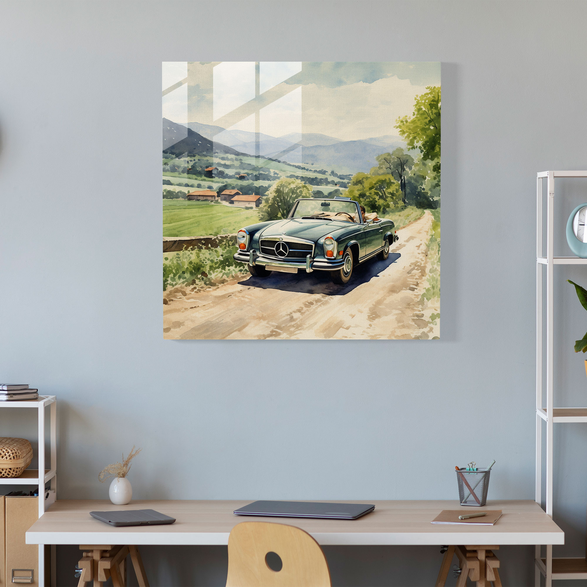 Mercedes Aquarell Glasbild - Mercedes Home Dekoration Glasbild Landschaftliches Landidyll