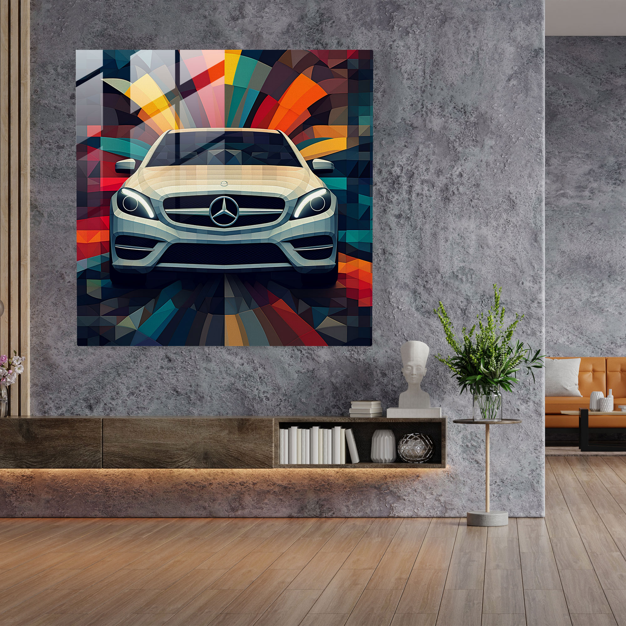 Geometrisches Mercedes Glasbild - Zuhause Dekoration digitale Kunstwerke