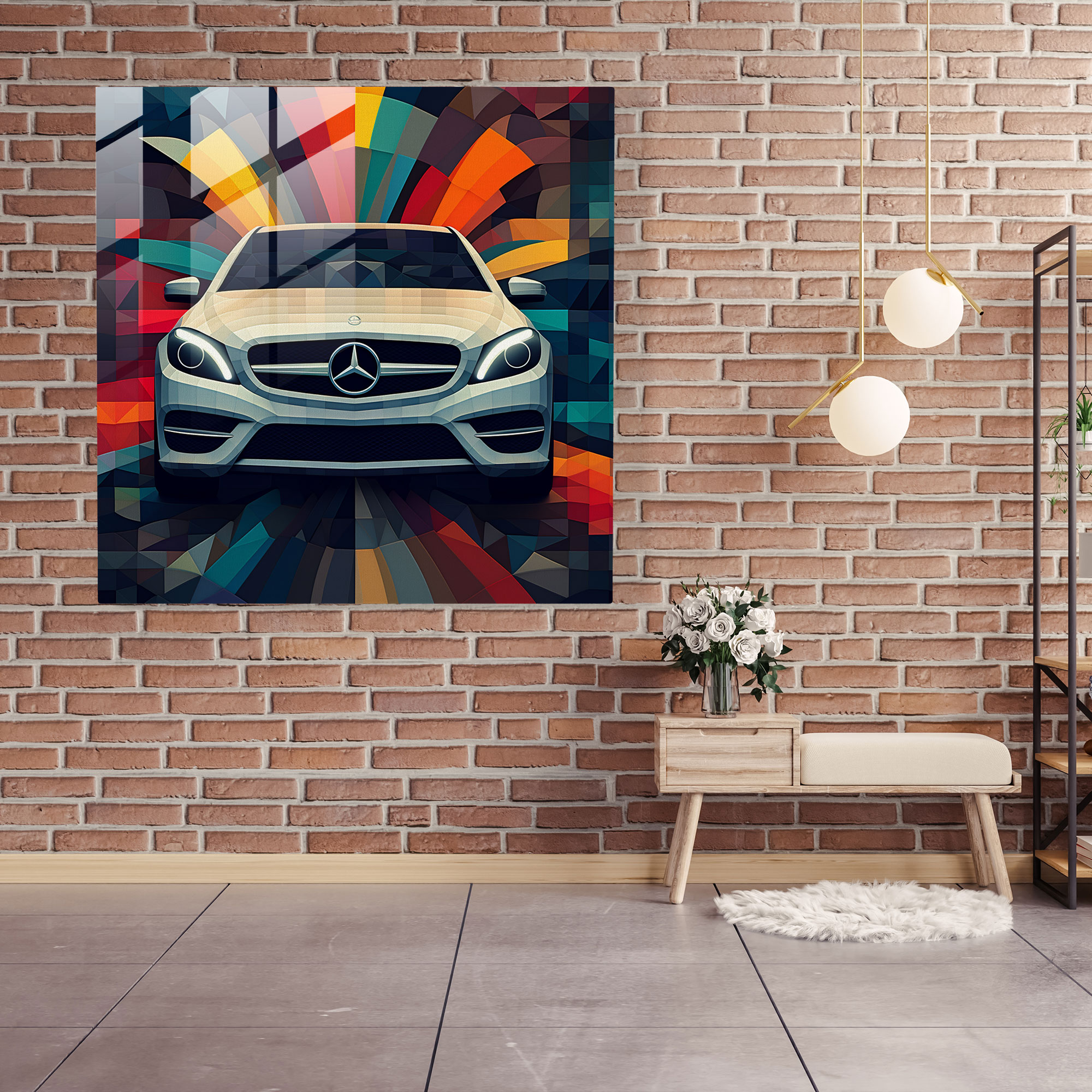 Geometrisches Mercedes Glasbild - Zuhause Dekoration digitale Kunstwerke