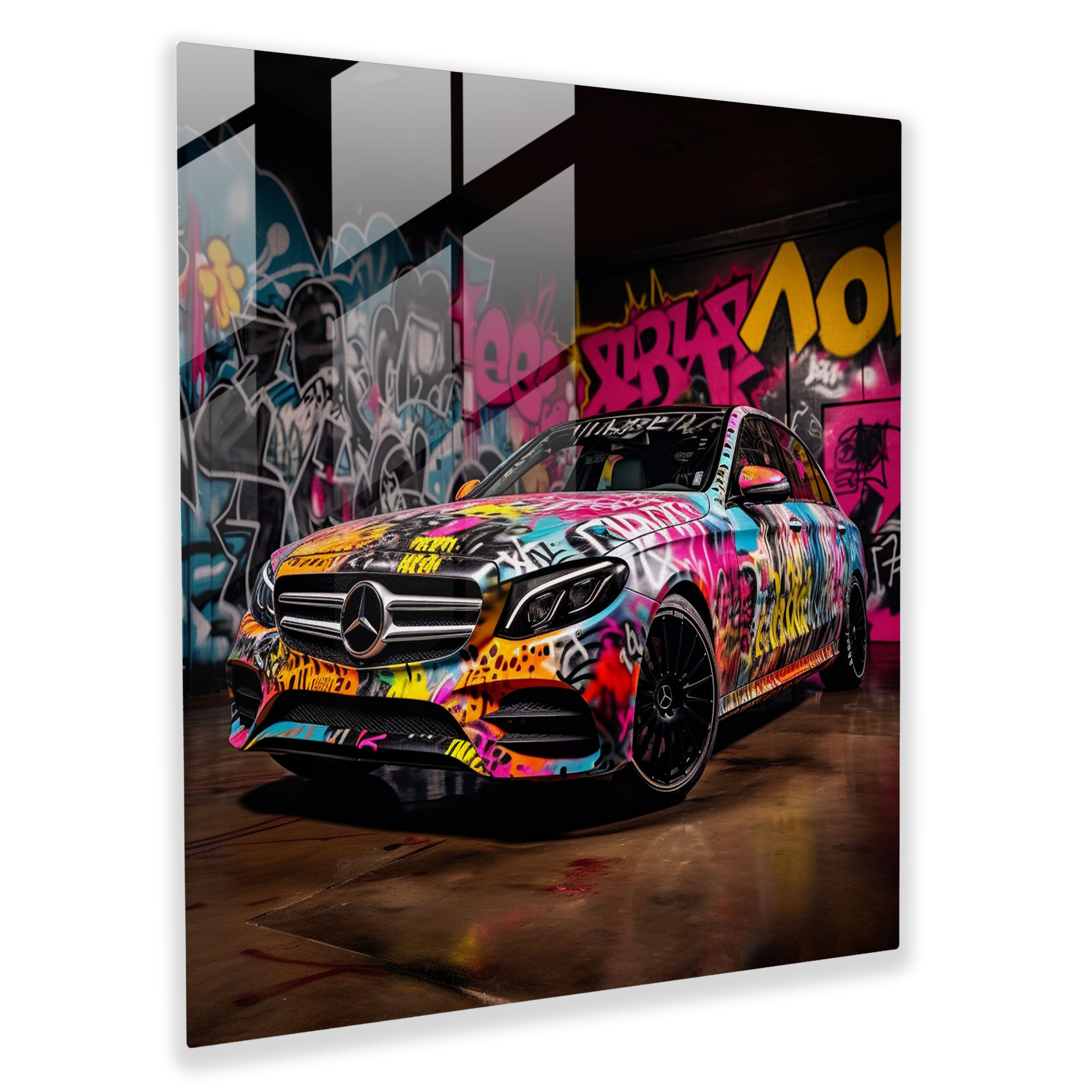 Graffiti Mercedes Glasbild - Urban Tags Moderne Kunst Lebendige Darstellung