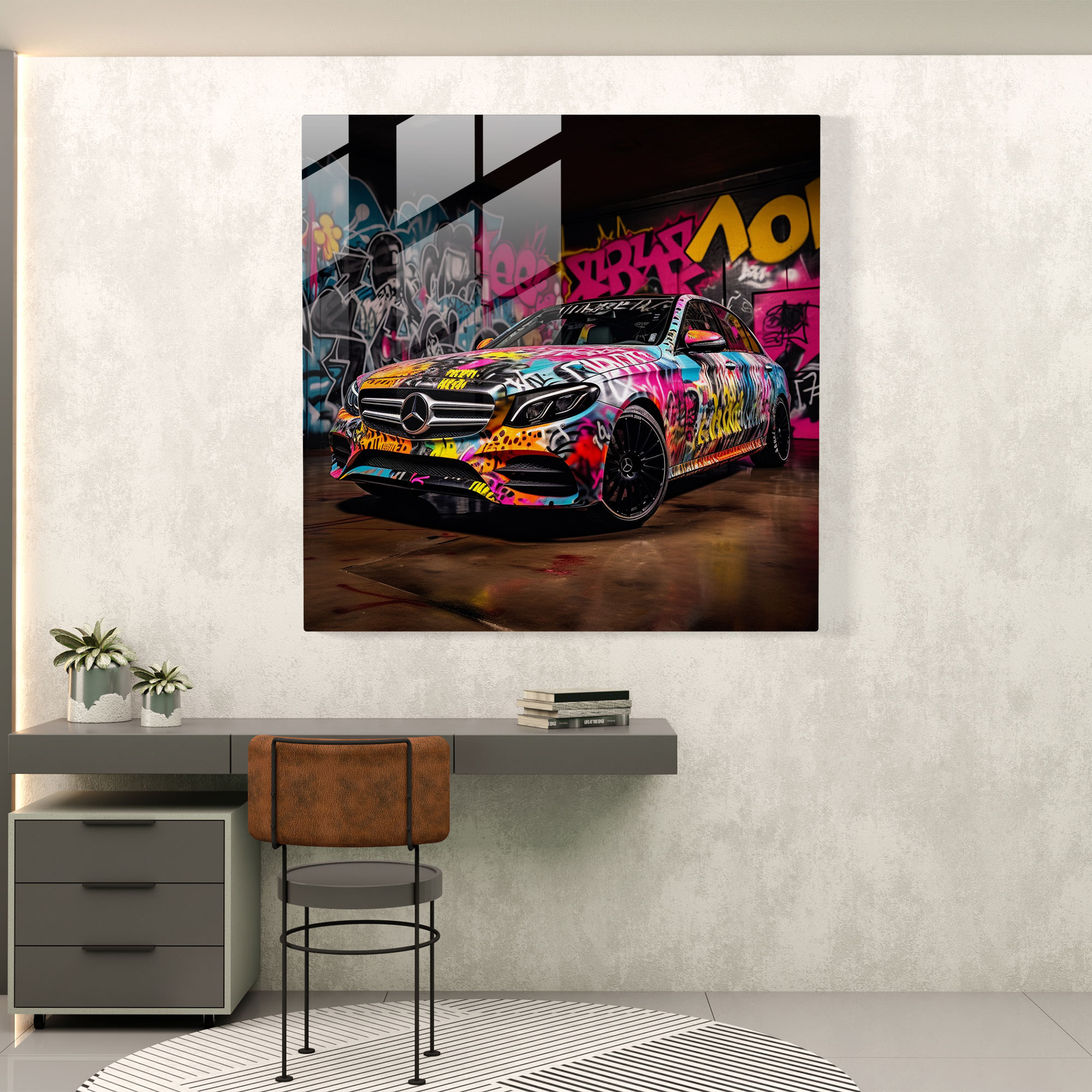 Graffiti Mercedes Glasbild - Urban Tags Moderne Kunst Lebendige Darstellung