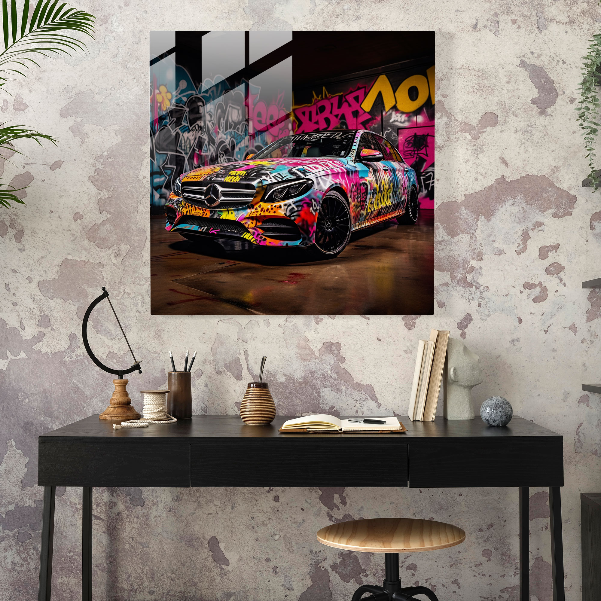 Graffiti Mercedes Glasbild - Urban Tags Moderne Kunst Lebendige Darstellung