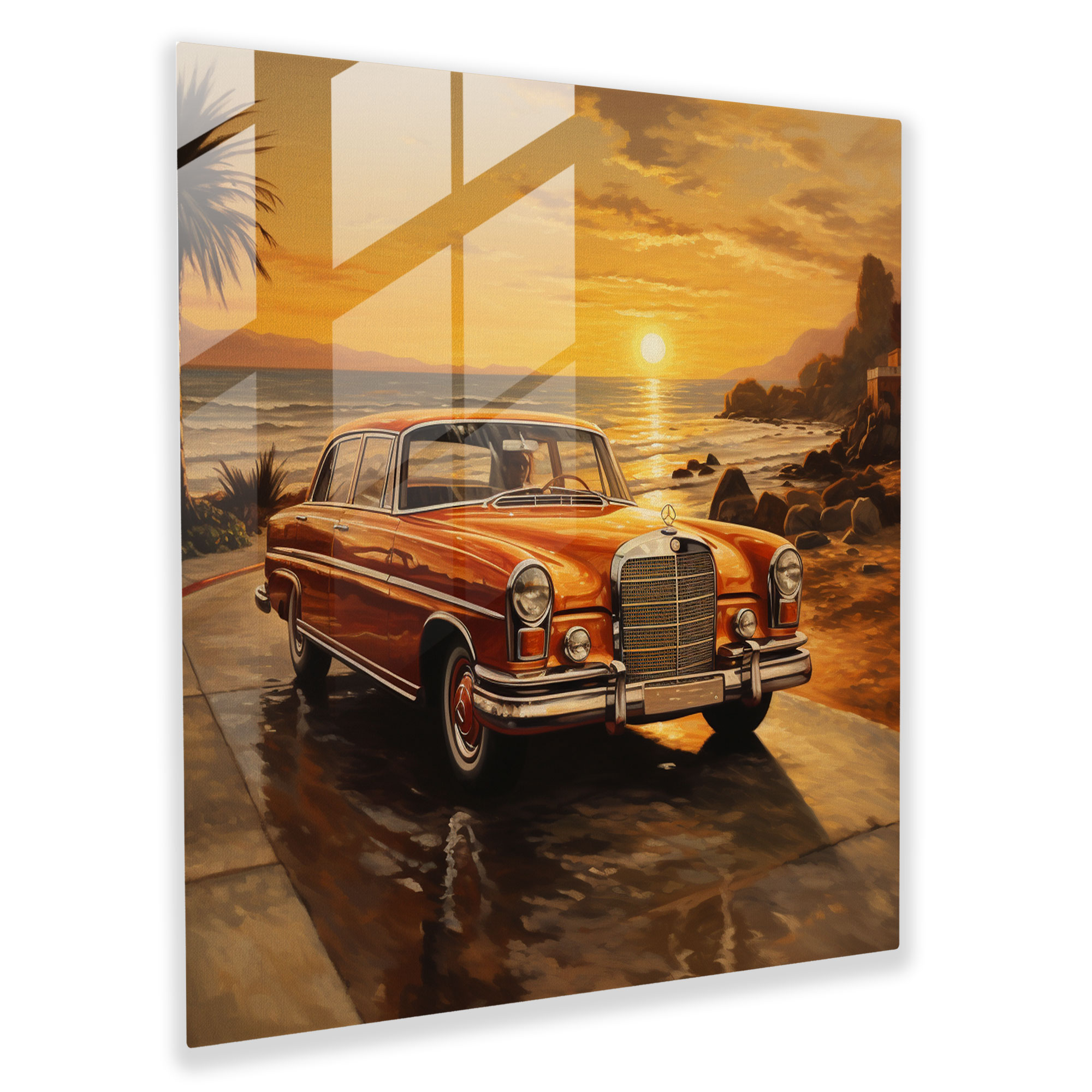 Golden Sunset Drive - Glass Wall Art - Mercedes, Glass Print, Golden, Modern Art